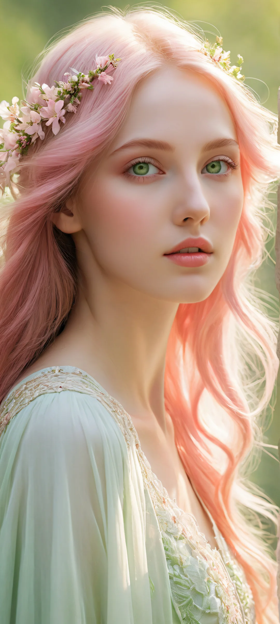 Ethereal Beauty iPhone & Samsung QHD Fond d'écranParfait pour les écrans d'accueil iPhone/Android A delicate maiden with green eyes and pink hair surrounded by a vast open space and a scenic landscape. Perfect for iPhone/Android home screens.