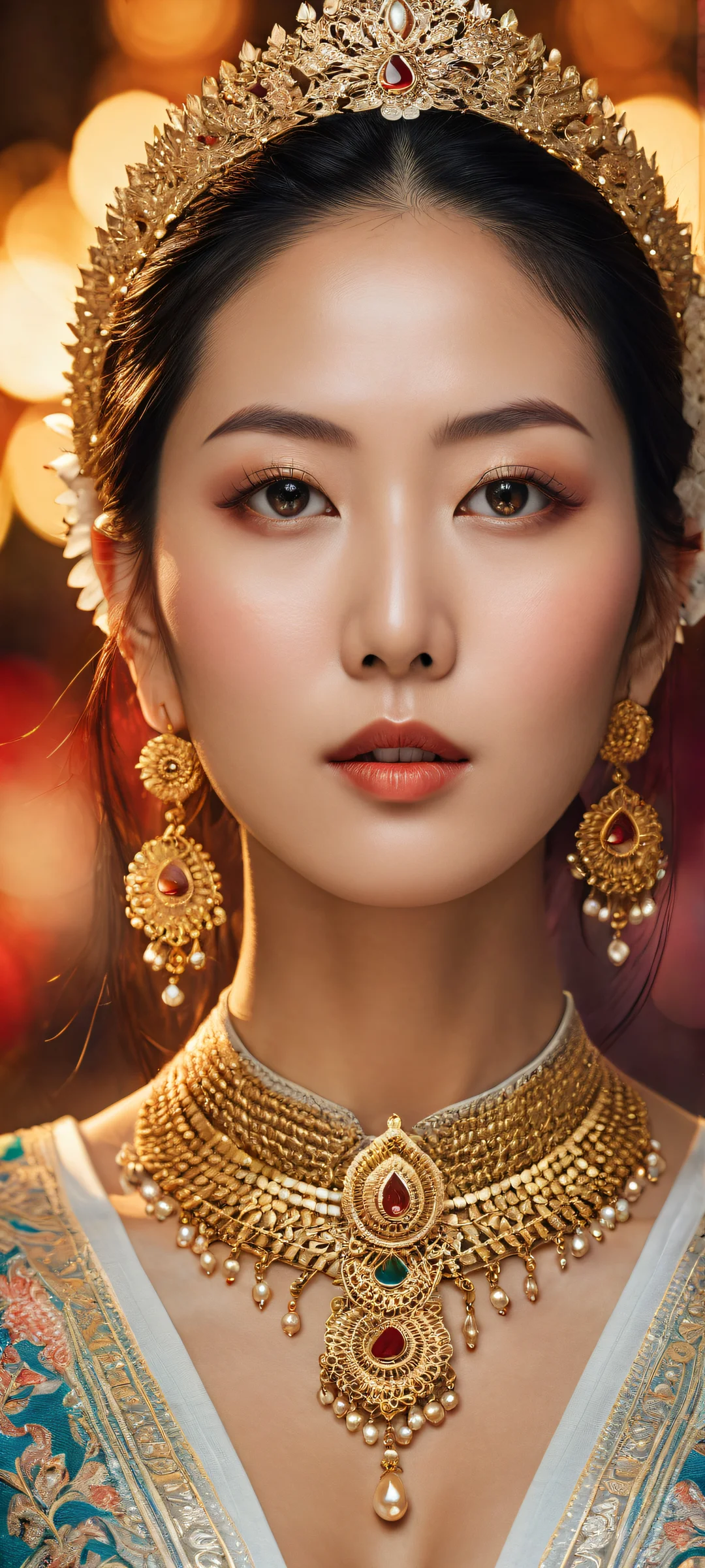 A stunning Asian woman with intricate tattoos and jewelry, perfectly centered on a pure white background with a dramatic blurred 16:9 landscape inviting the gaze.