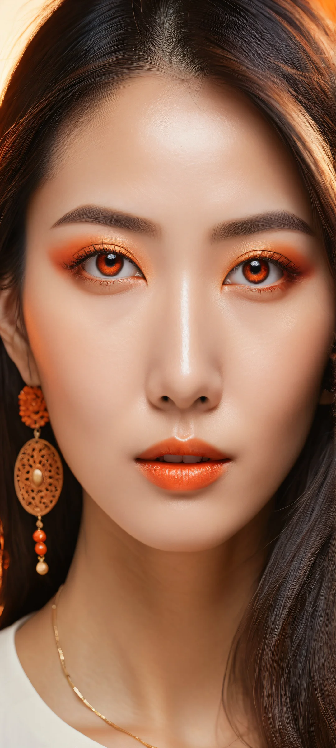 Asian beauty with red eyes looking directly at viewer, perfect for iPhone and Android home screens. Micro-details and reflections evoke a sense of realism.