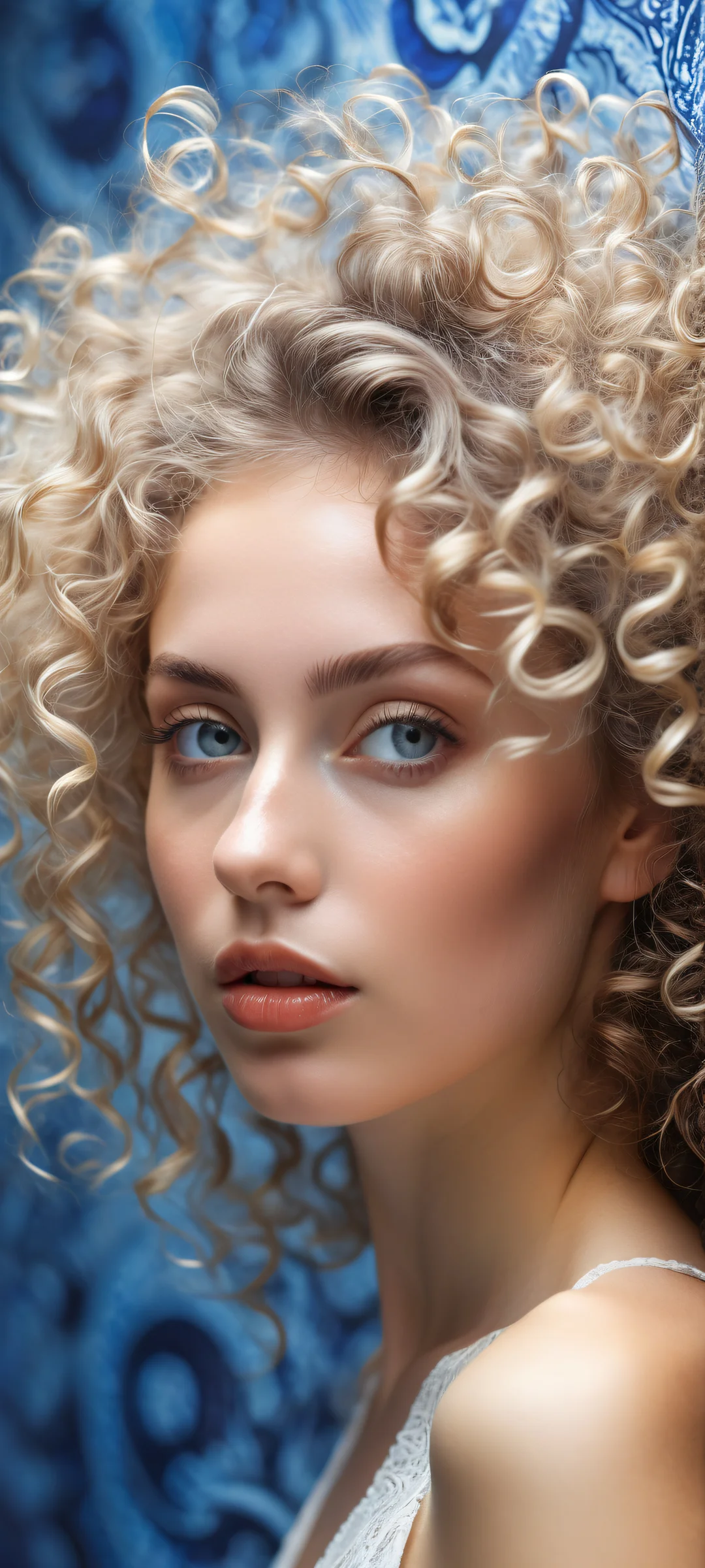 A young woman with stunning curly hair on a pure white background, perfect for iPhone/Android home screens.