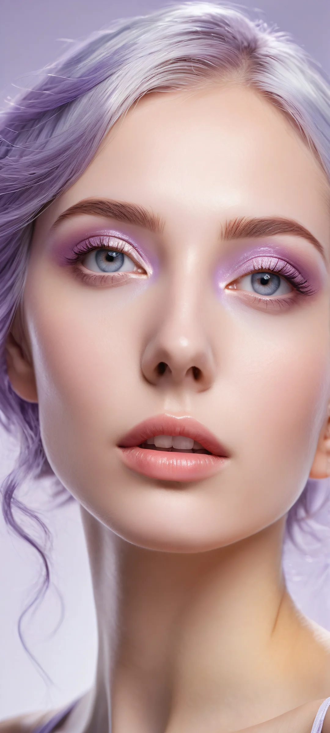 A stunning vertical portrait of a young woman with refined features and intricately detailed silver-lavender hair, perfectly suited for iPhone/Android home screens.