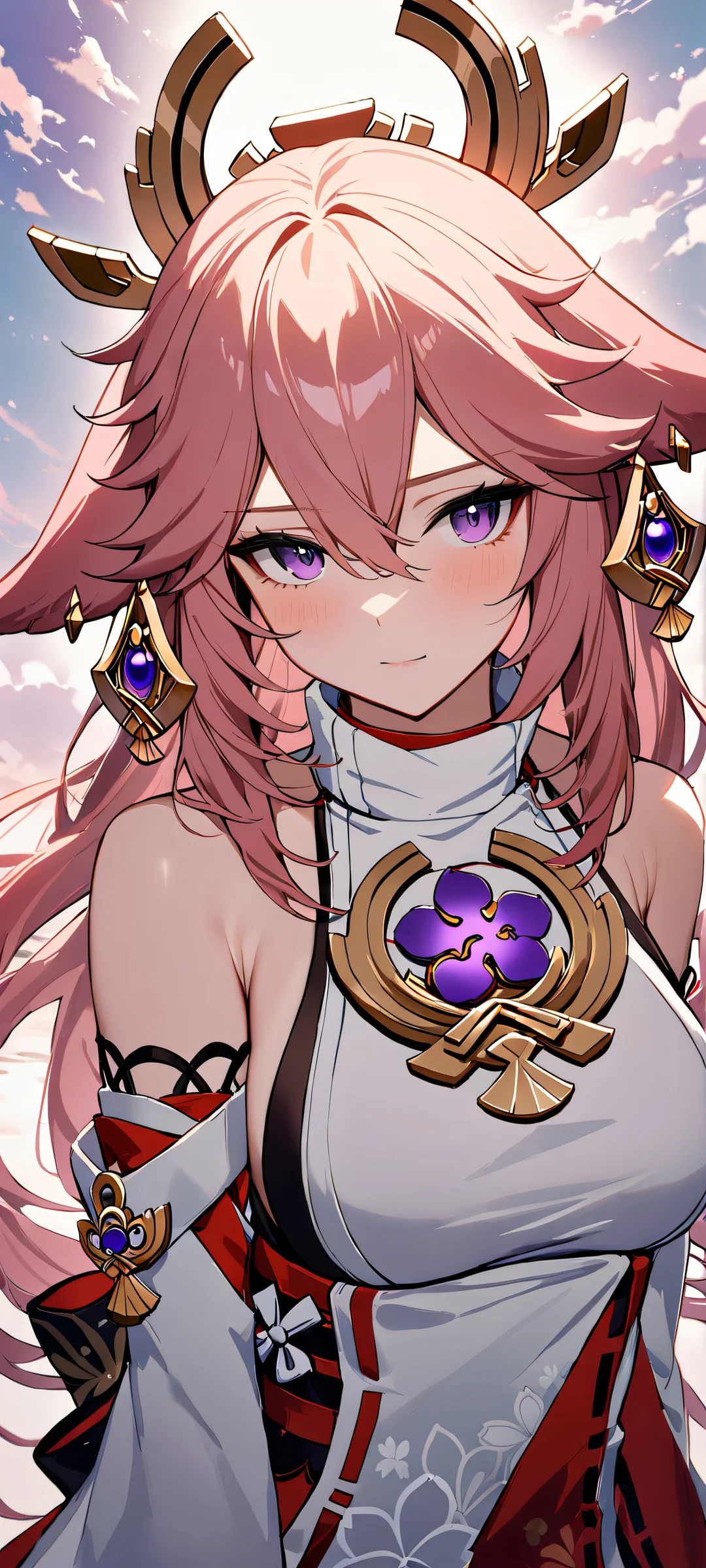 A stunning portrait of Yae Miko from Genshin Impact, looking directly at the viewer with an air of elegance and mystique. Perfectly optimized for iPhone, Samsung Galaxy, and Android home screens.