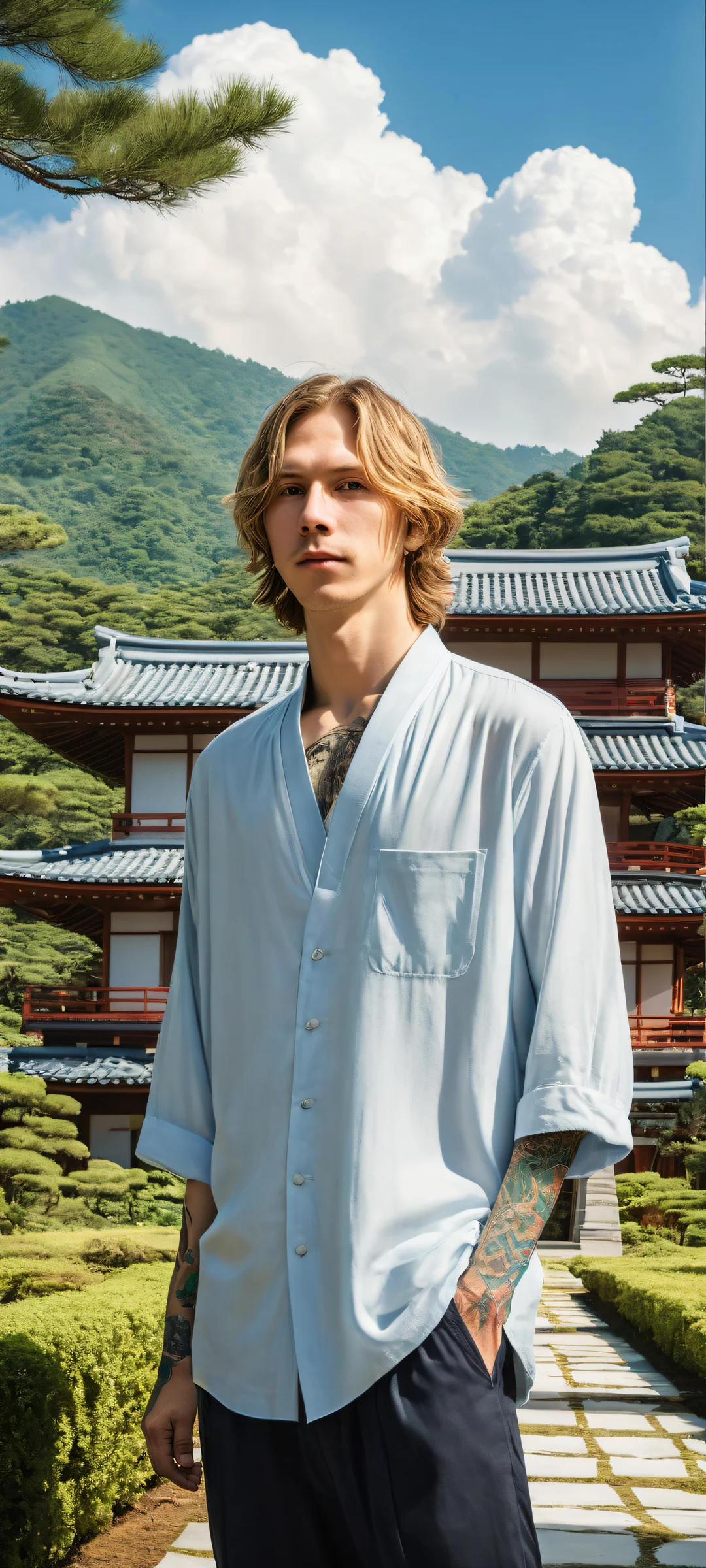 A serene iPhone and Android-friendly wallpaper featuring Beck's kanji tattoos in a stunning Japanese landscape with vibrant colors and intricate details.