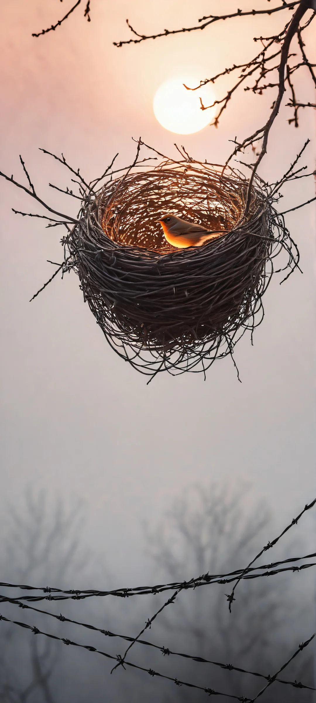 A small bird filled with black glowing light and white eyes perched on a barbed wire nest surrounded by thick fog, iPhone と Android のホーム画面に完全に最適化.