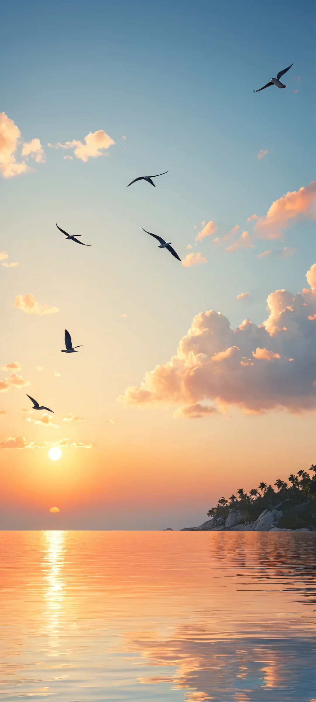 iPhone/Android users will adore this breathtaking vertical portrait artwork featuring majestic birds with intricate details, set against a serene landscape with fluffy clouds and water. Perfekt optimiert für Startbildschirme.