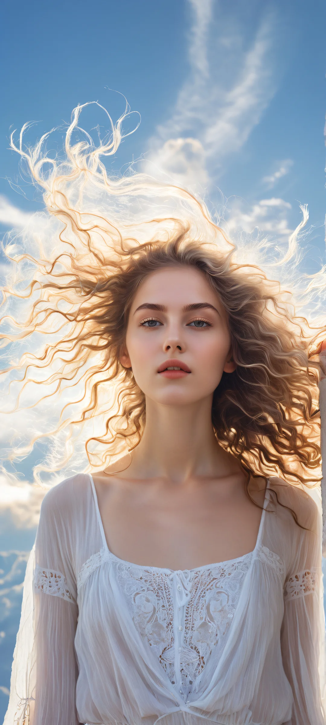 Ethereal Bliss Lock Screen for iOS & アンドロイドiPhone/Androidのホーム画面に最適 A mesmerizing young woman with long hair and clouds drifting lazily across the blue sky. Perfect for iPhone/Android home screens.