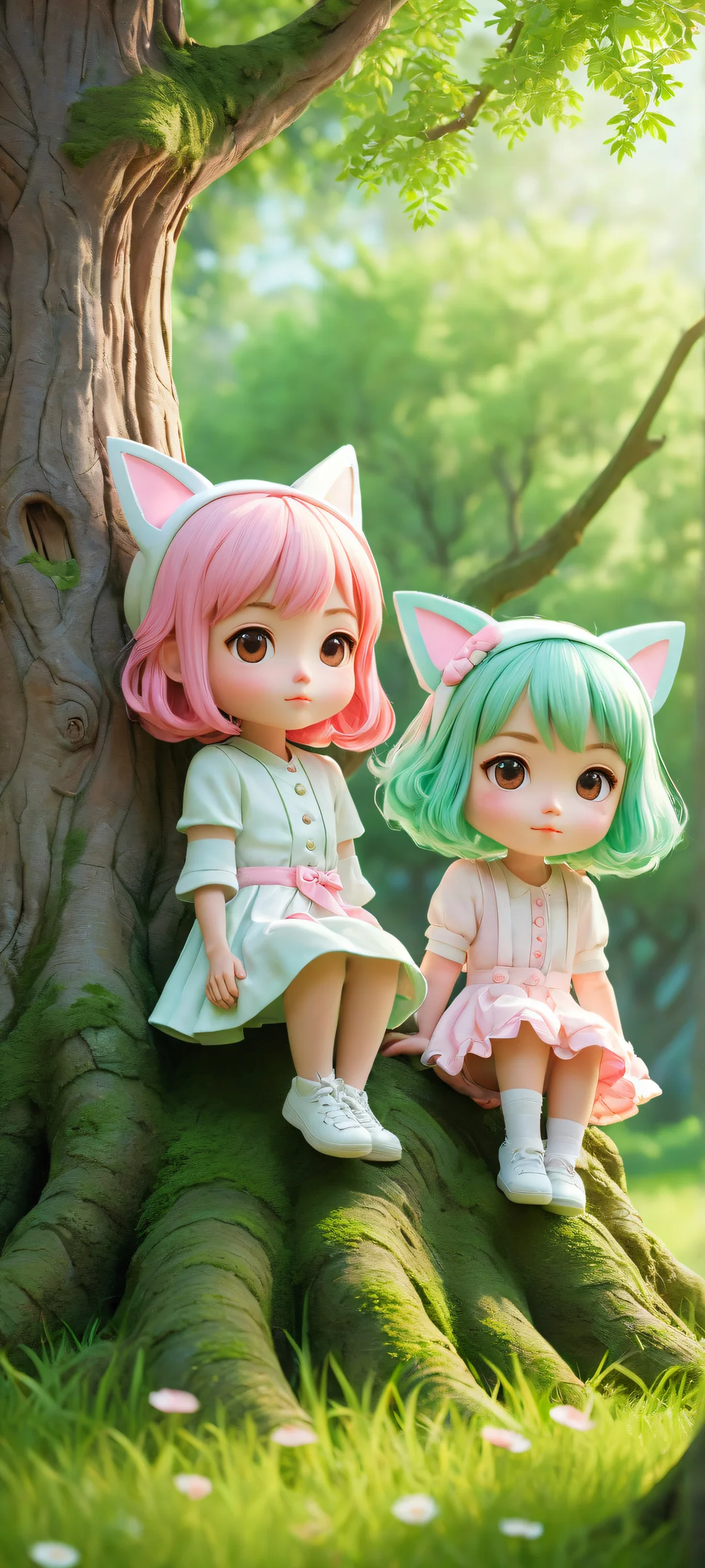 Chibi girls with pink hair and animal ears surrounded by serene landscape featuring majestic tree and lush green grass, optimized for iPhone and Android home screens.