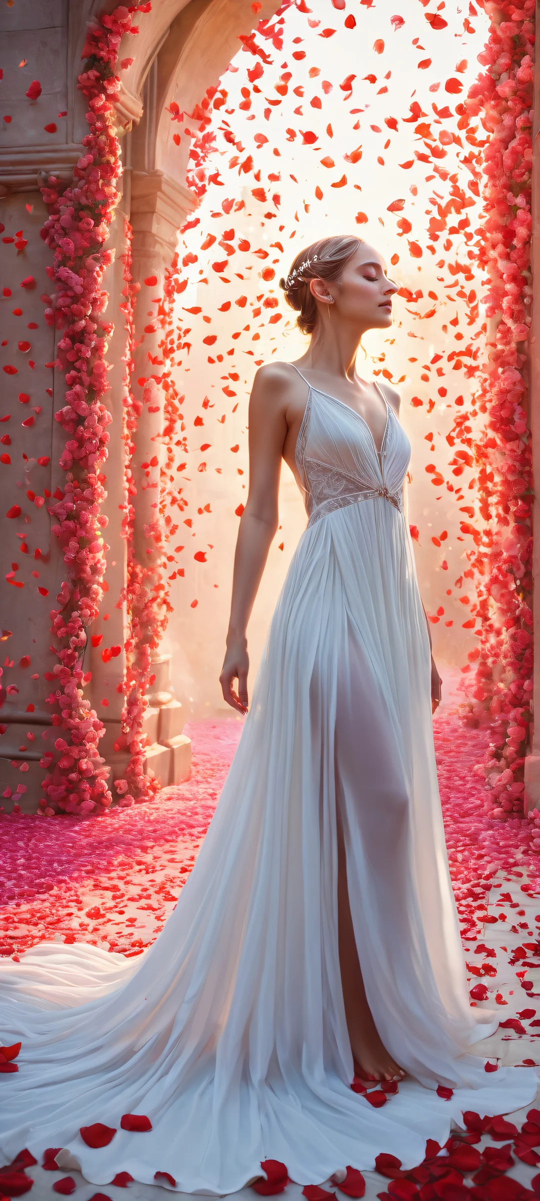 An elf girl dancing amidst rose petals and jewels on a serene background. Perfect for iPhone/Android home screens.