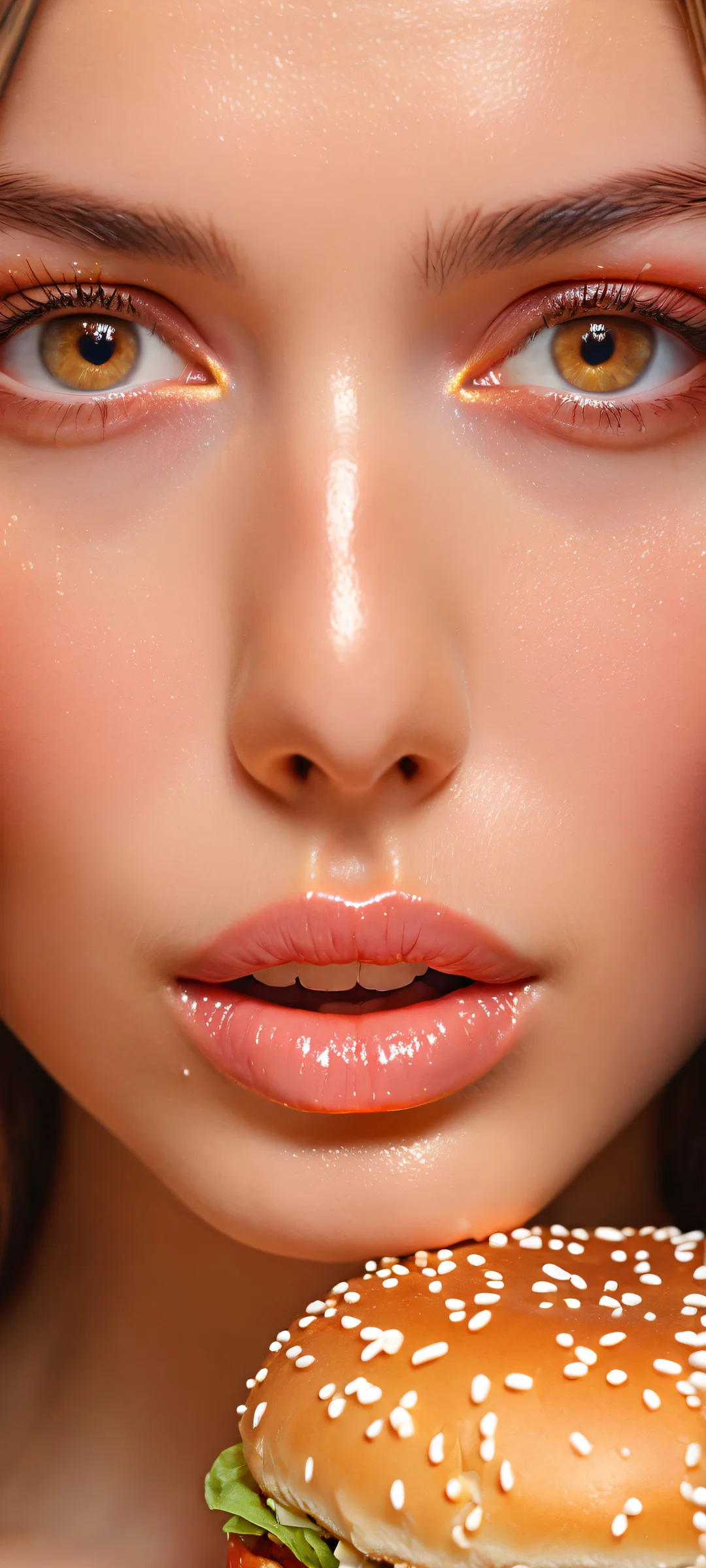 A girl with long hair eating a burger on an iPhone or Android device