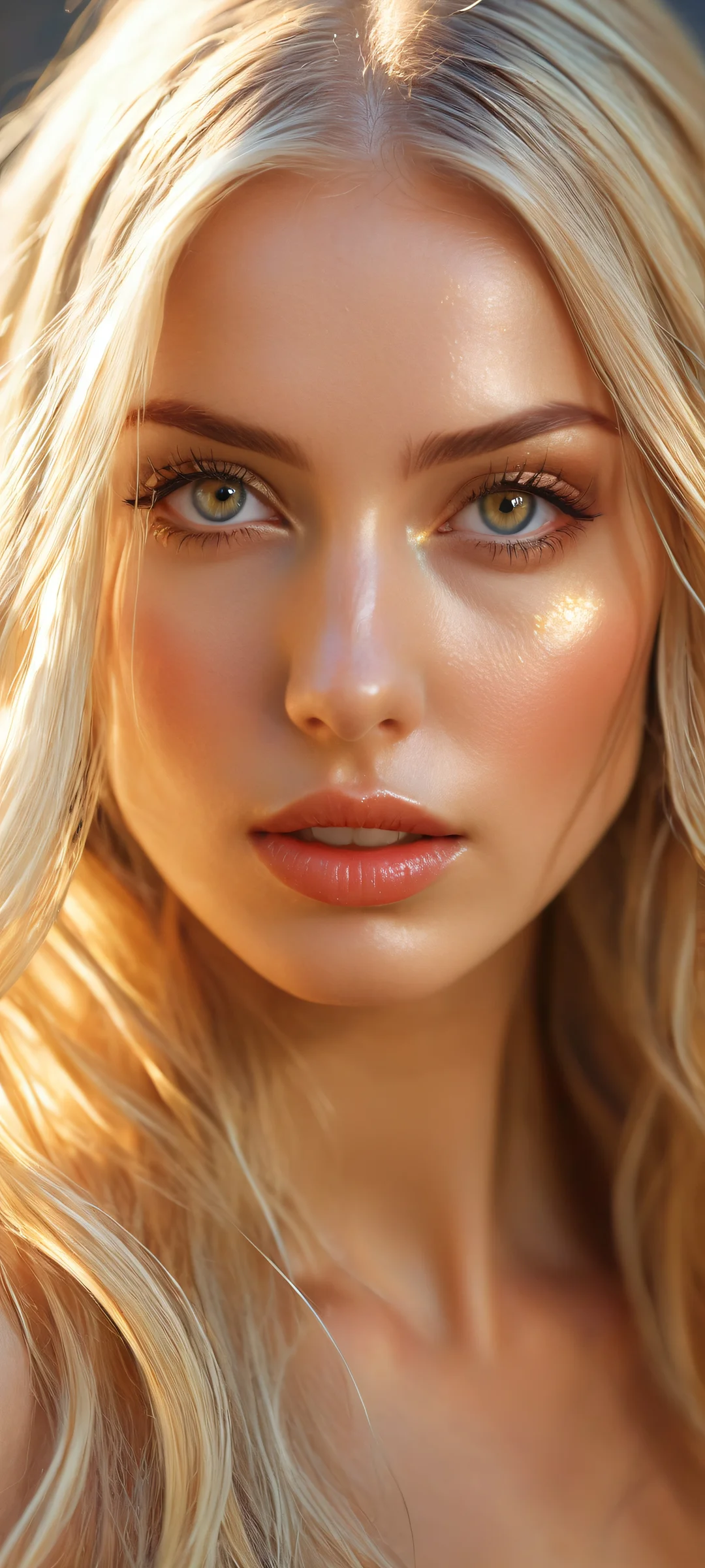 Beautiful blonde woman with long flowing hair and pure void background, perfekt optimiert für iPhone/Android-Startbildschirme.