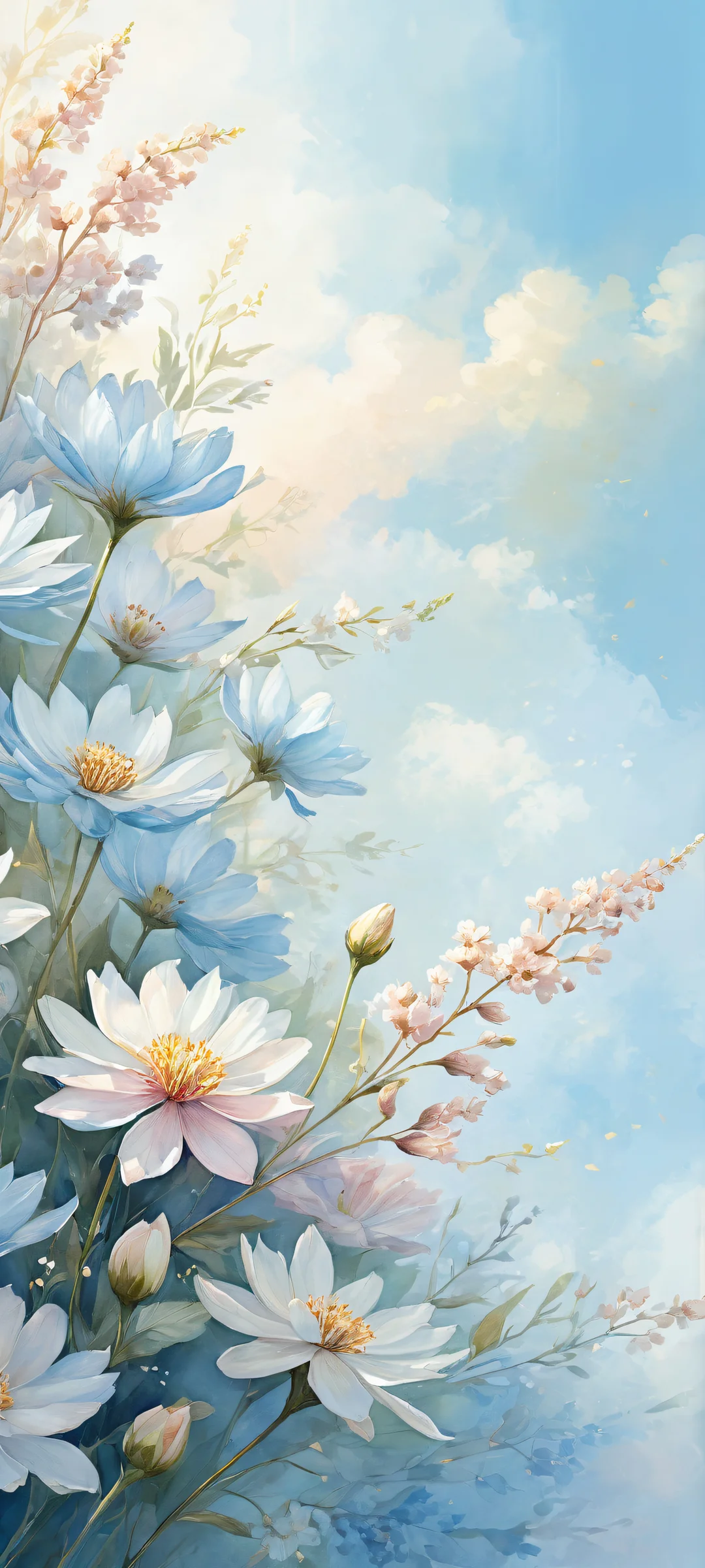 Delicate flowers on a pure white background with watercolor sketch details, perfectly optimized for iPhone and Android home screens.