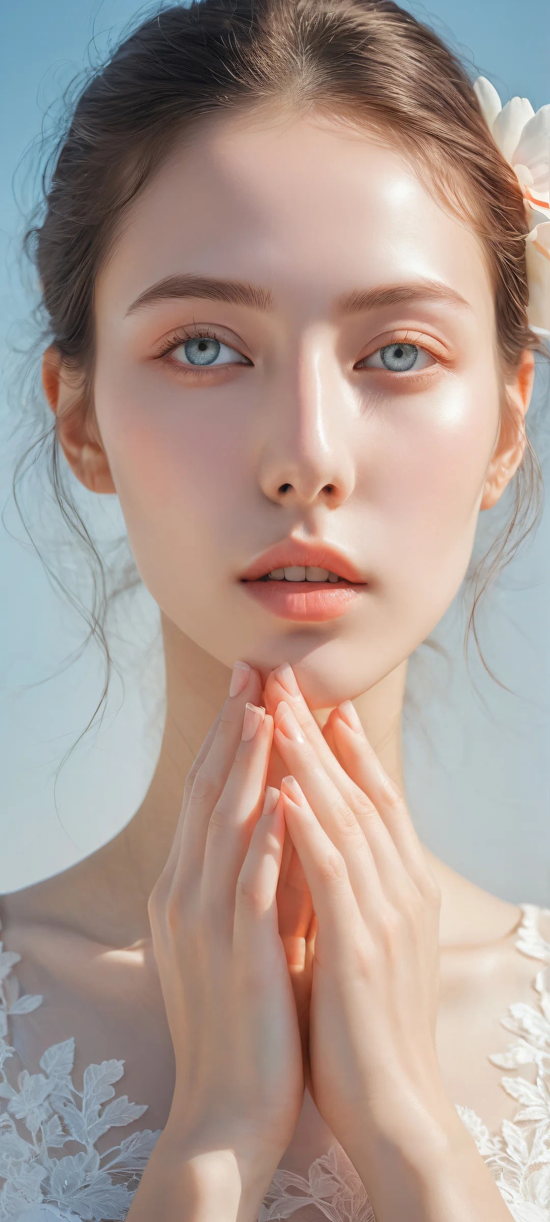 iPhone and Android user gazing upward at a delicate flower held by their hands, set against a serene background with gentle pastel hues.