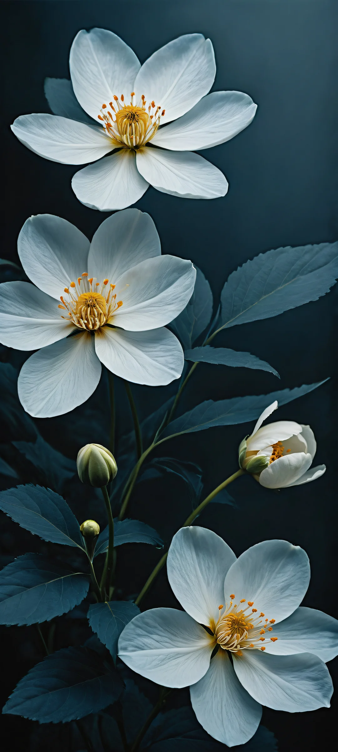 Delicate flowers on a vast pure void background with subtle wisps of fog, parfaitement optimisé pour les écrans d'accueil iPhone et Android.