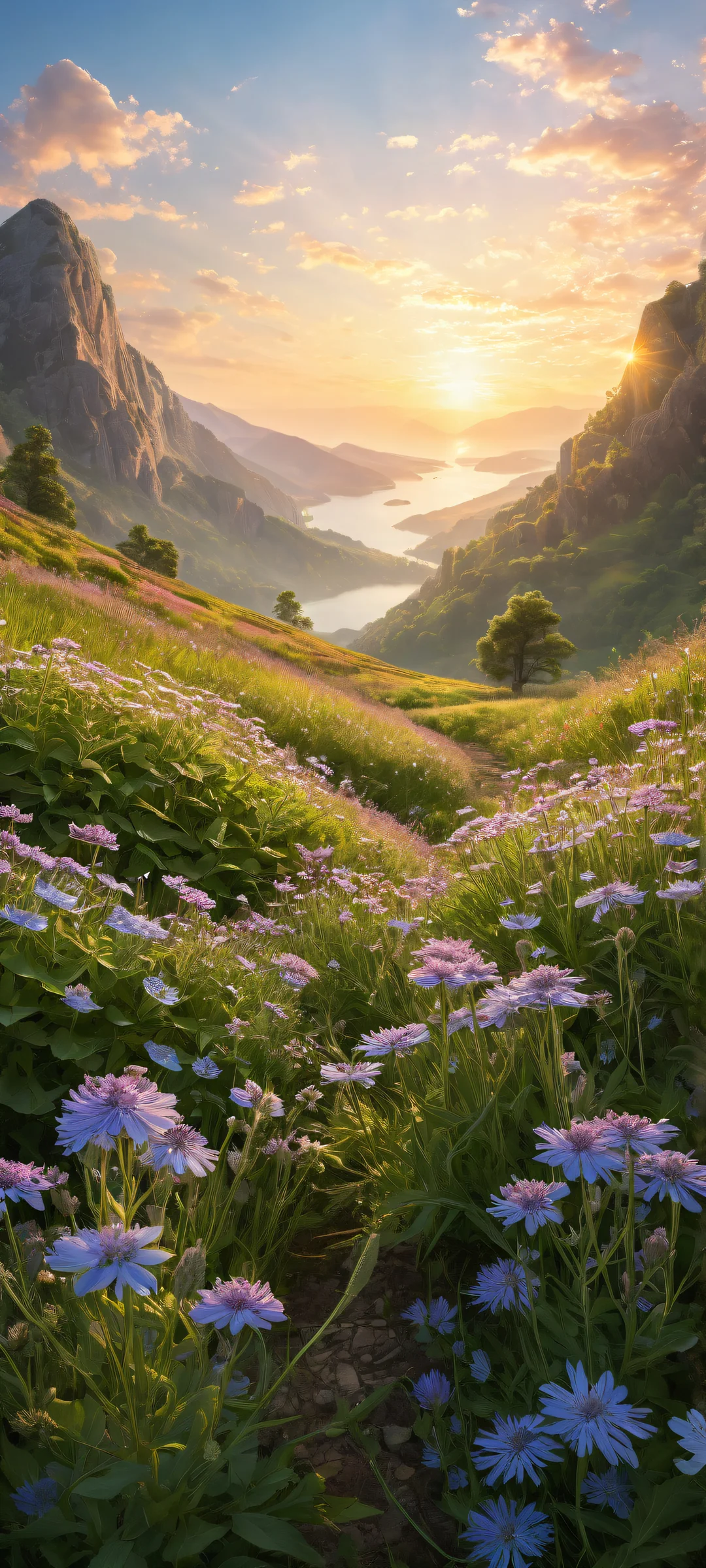 Delicate wildflowers on a serene landscape of lush green field. Perfekt für iPhone- und Android-Startbildschirme.