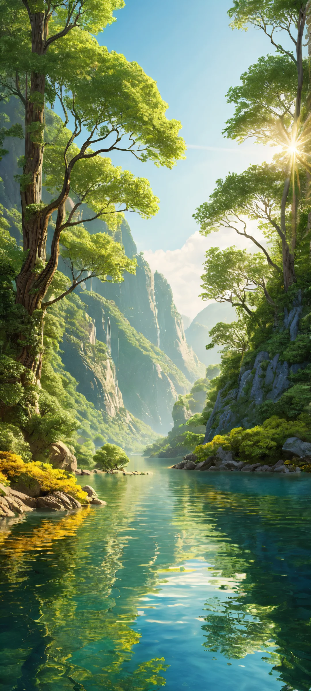 Intricate botanical illustrations on a serene landscape for iPhone/Android home screens.