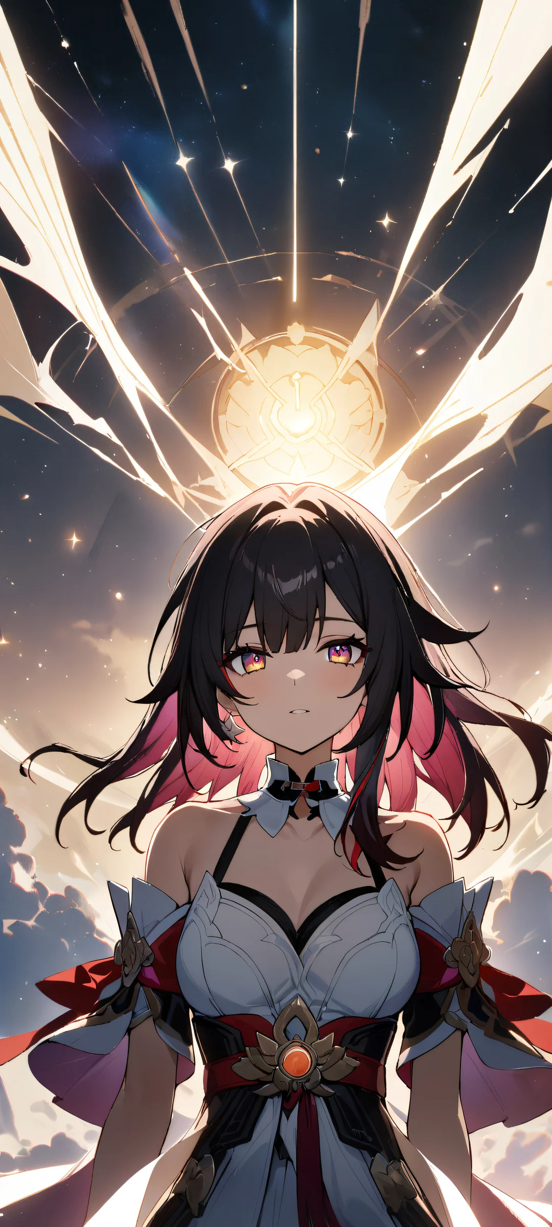 A beautiful, sparkling girl from Honkai: Star Rail looking at the viewer on a perfectly clean and smooth iPhone or Android home screen.