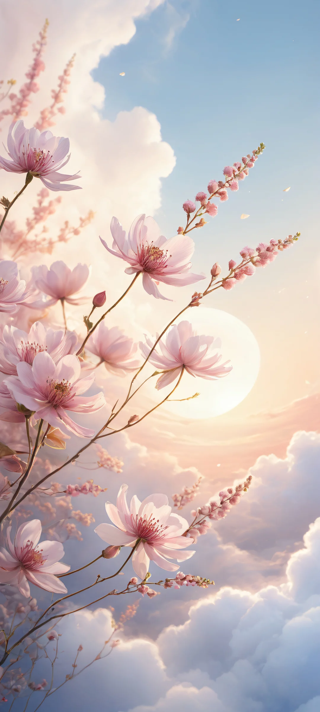 iPhone and Android mobile wallpaper featuring a stunning vertical portrait of delicate flowers amidst swirling clouds and wispy tendrils, with a soft focus background of wispy clouds and subtle gradient.