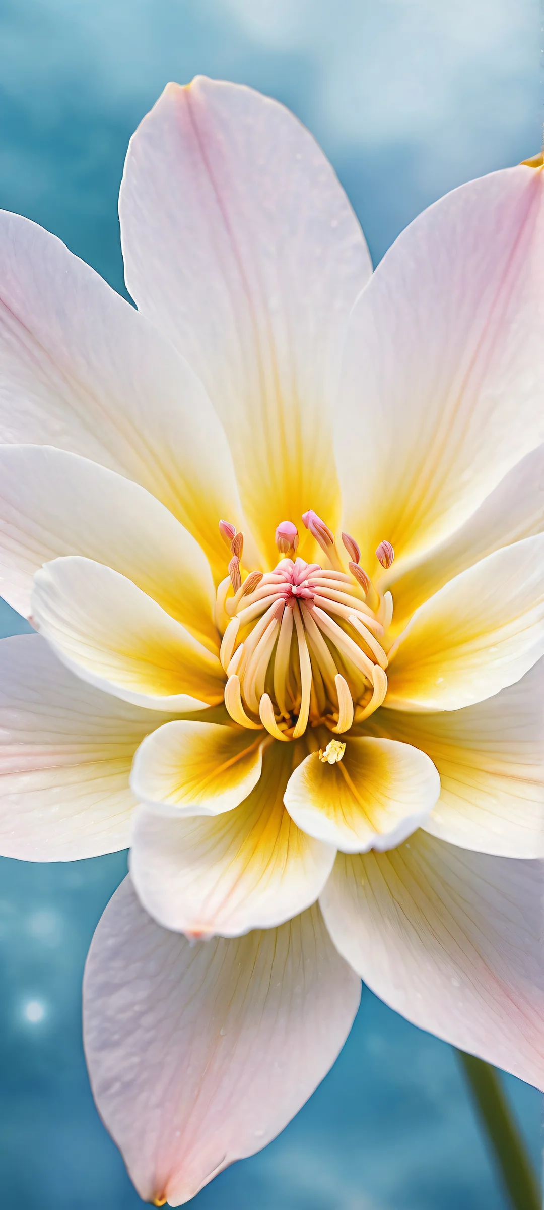 Delicate flower on a serene iPhone or Android home screen with gentle waves and soft focus, perfect for customization.