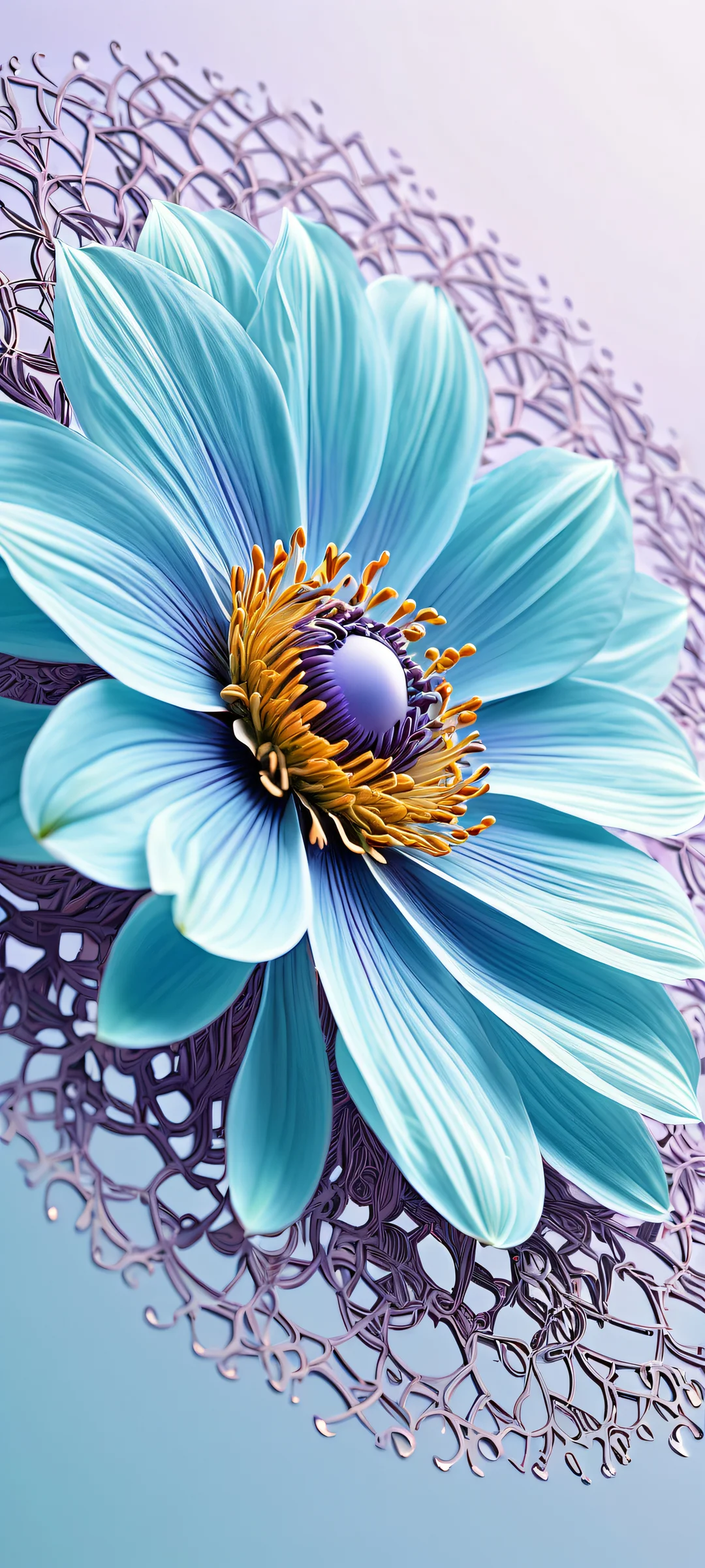 Ethereal Bloom Lock Screen for iOS & Android Delicate mechanical flower on a subtle light blue gradient background, perfectly optimized for iPhone and Android home screens.