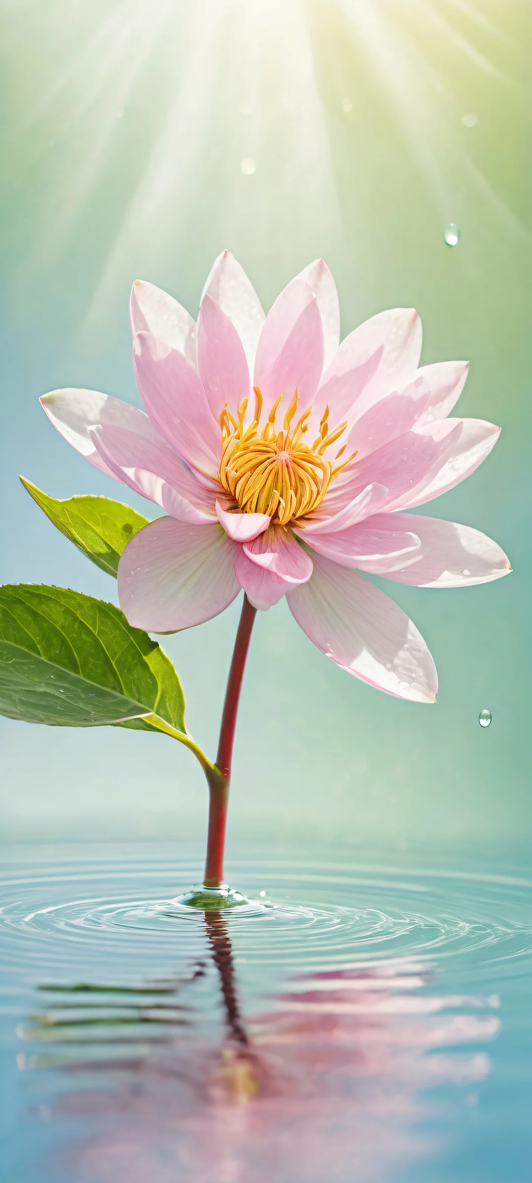 A delicate flower suspended in water droplets, surrounded by serene landscape and gentle ripples, perfekt für iPhone/Android-Startbildschirme.