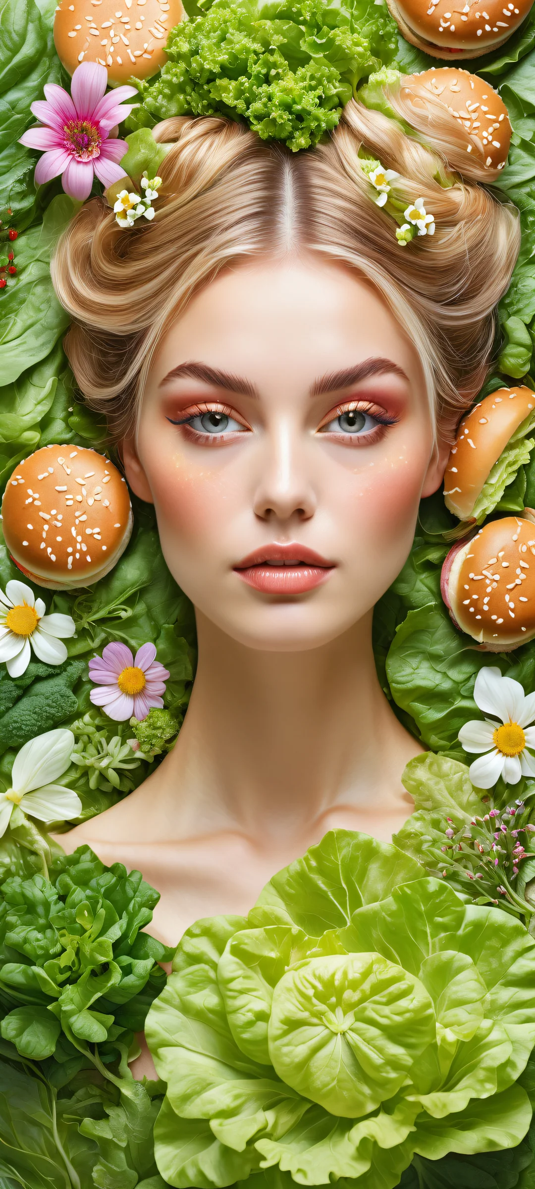 Delicate burger woman amidst whimsical garden flowers and leaves on a clean white background, perfect for iPhone/Android home screens.