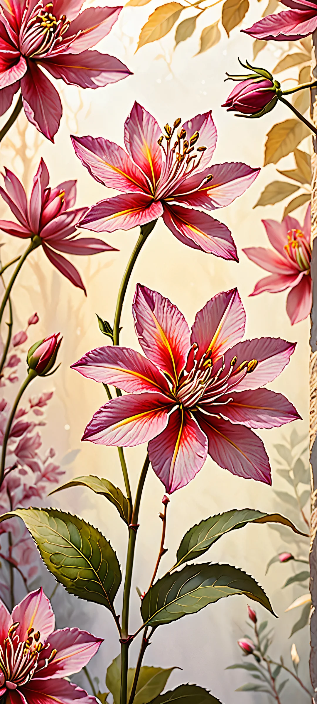 Beautiful botanical illustration for iPhone and Android devices. A stunning floral arrangement with intricate details against a clean, empty background.