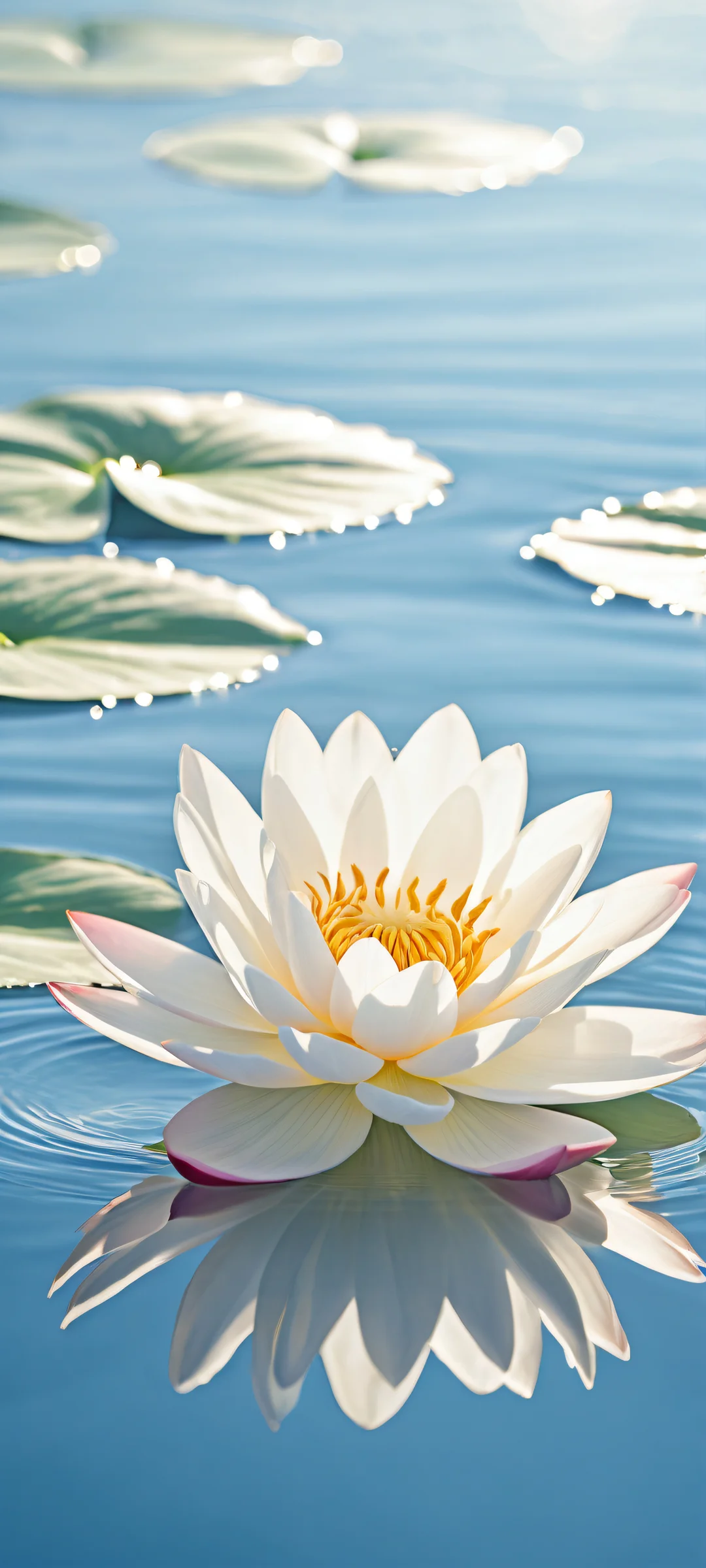 Delicate petals on a serene landscape of gentle waves on calm water, perfecto para pantallas de inicio de iPhone/Android.
