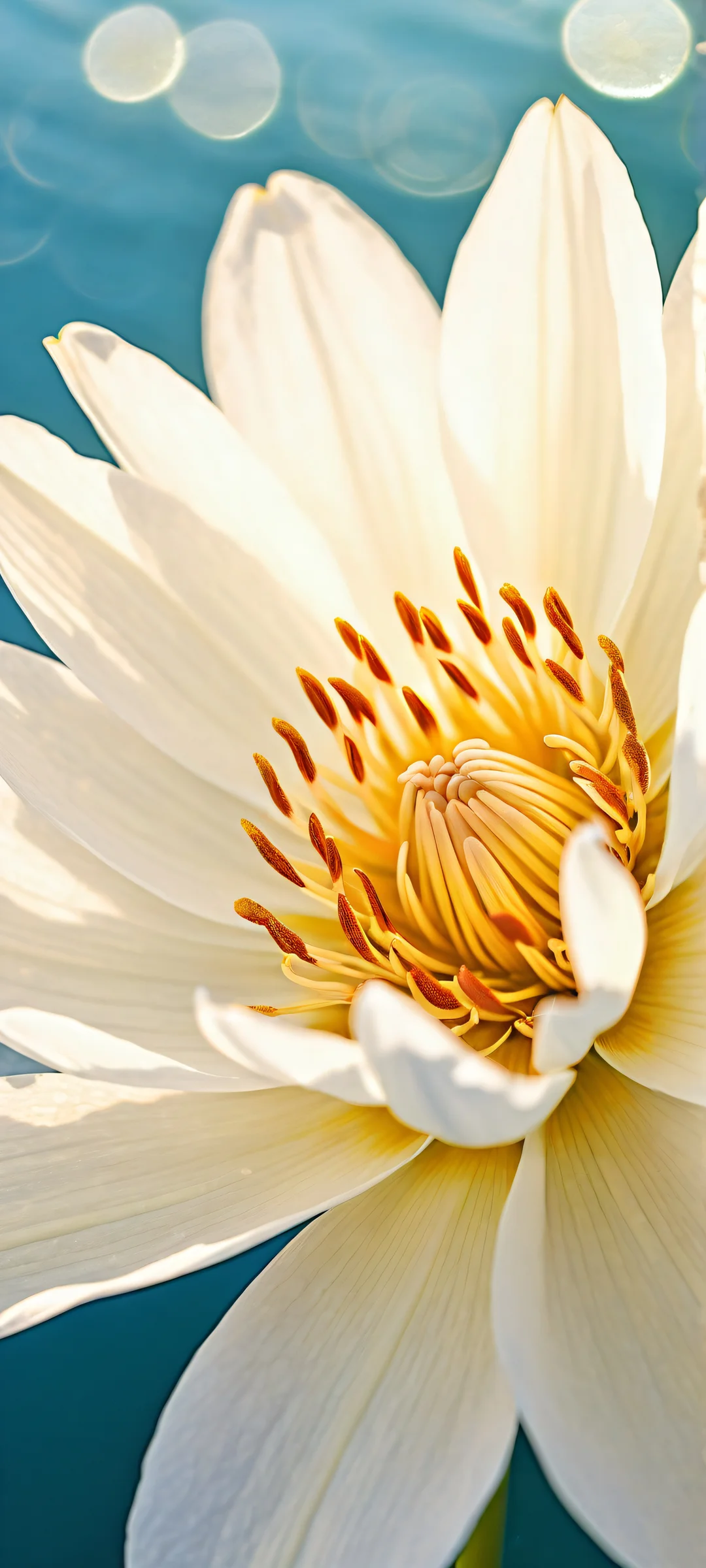 A breathtaking vertical portrait of petals placed in the lower-middle, featuring intricate micro-details and a seamlessly merging soft focus ocean waves, perfectly optimized for iPhone and Android home screens.