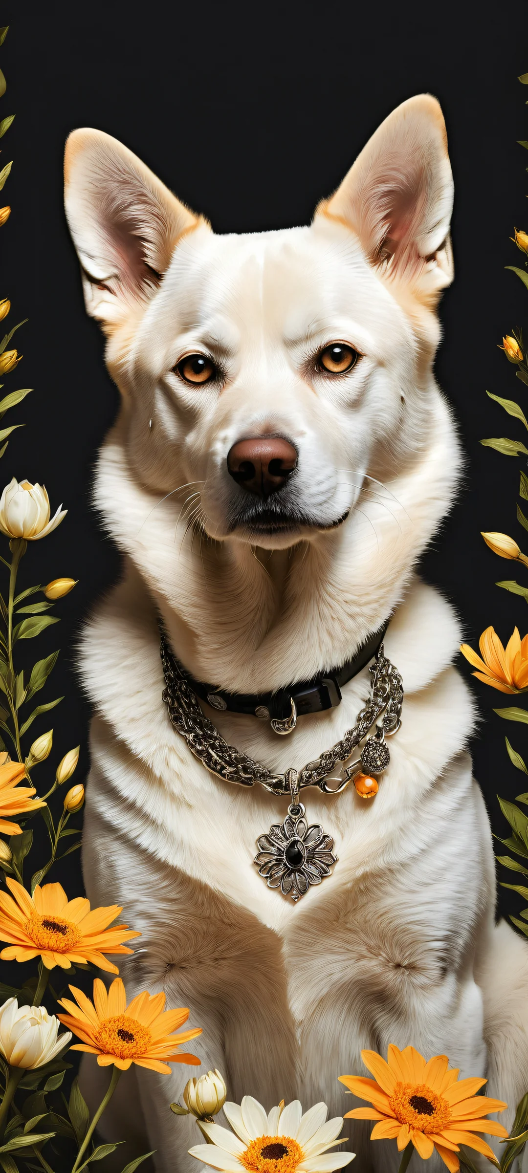 iPhone and Android mobile wallpaper featuring Dog Boy in a delicate flower necklace against a pure void background, showcasing stunning visual impact with Apple UI level texture and scale.