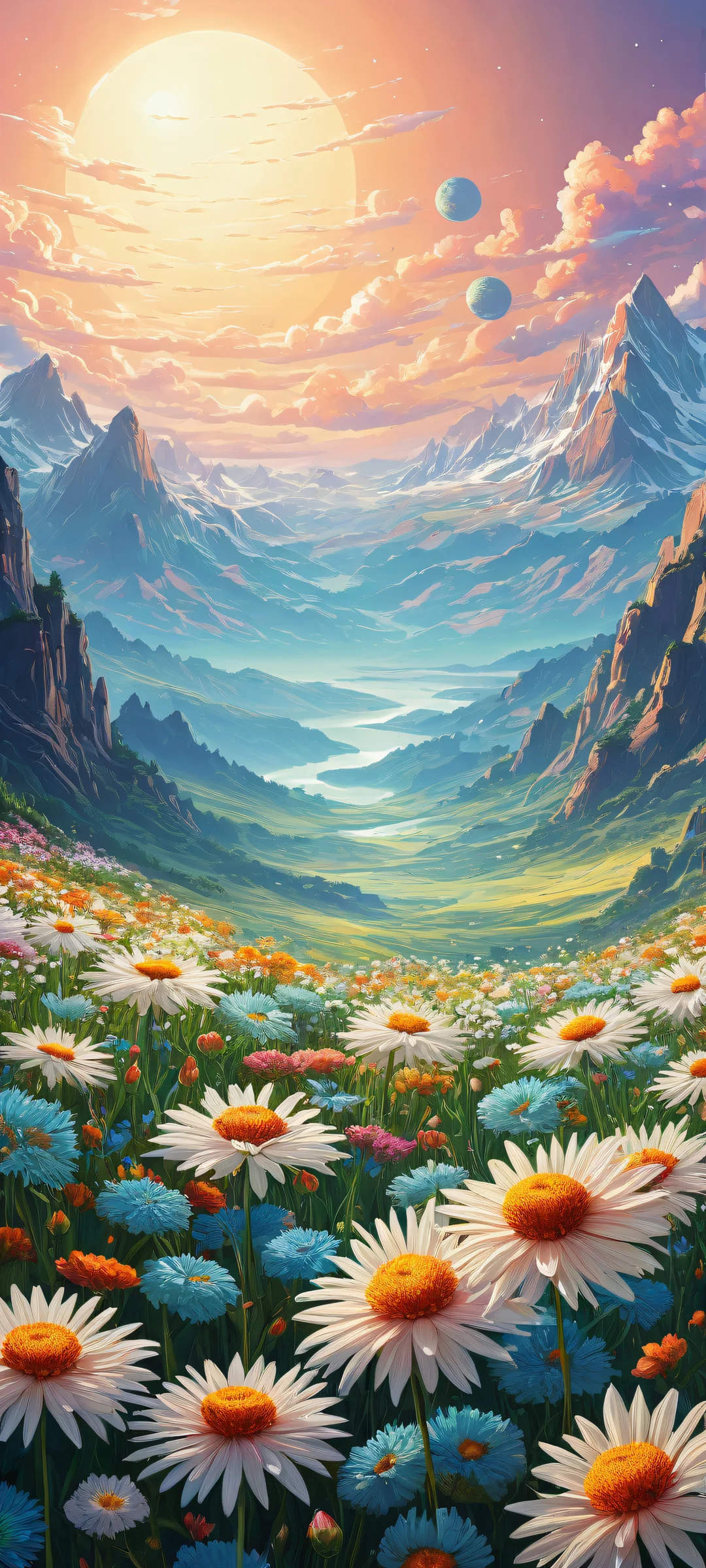 A stunning iPhone/Android wallpaper featuring a breathtaking vertical portrait artwork of flowers amidst pixel art planets and stars.