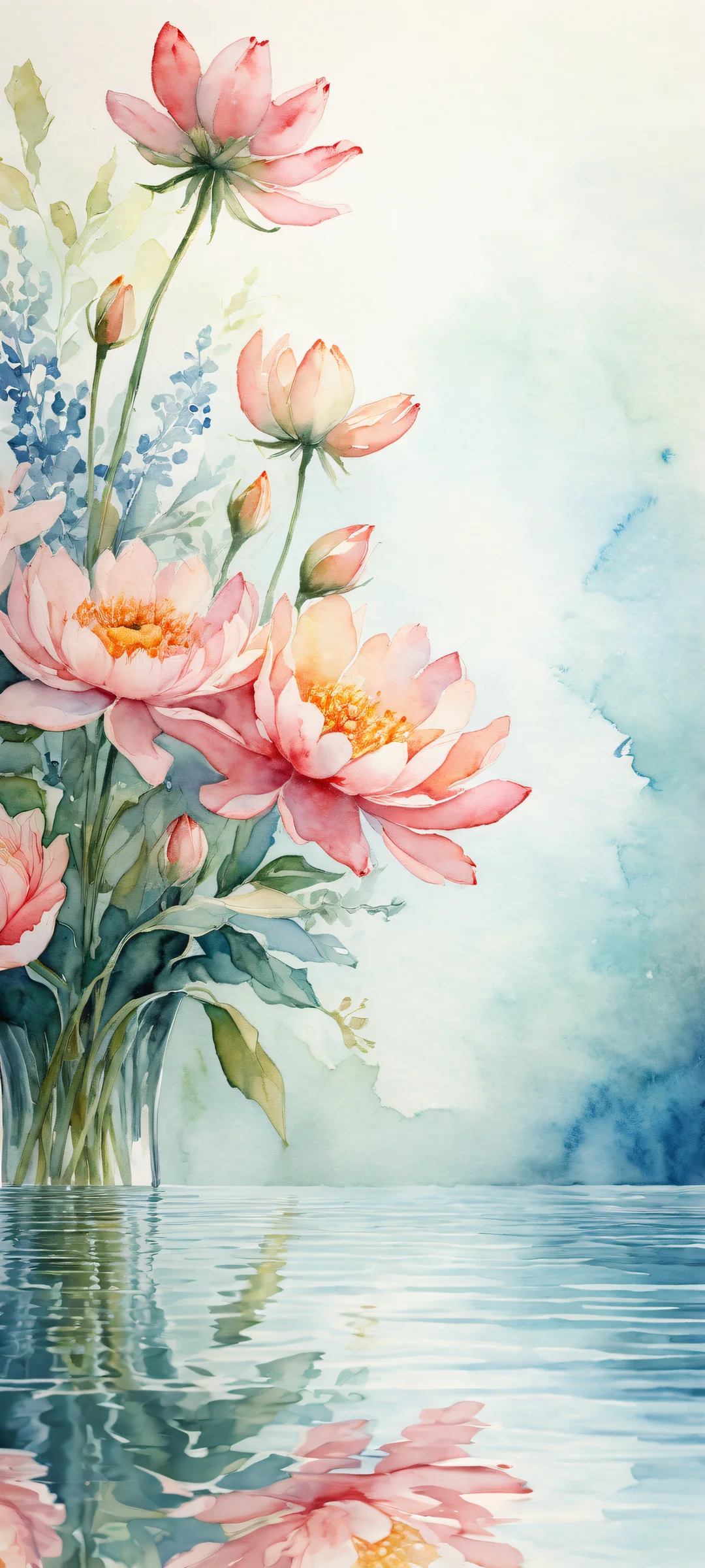 Beautiful iPhone/Android wallpaper featuring a delicate watercolor flower arrangement against a rich, textured background with ray-traced reflections.