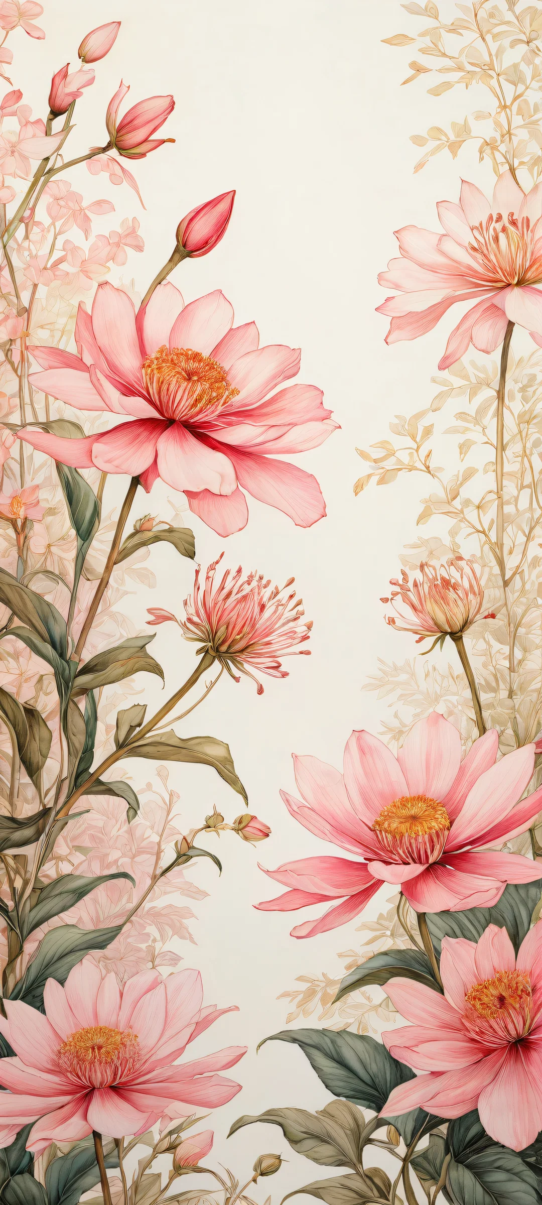 Delicate pen and ink botanical artwork with intricate details on a iPhone/Android home screen.