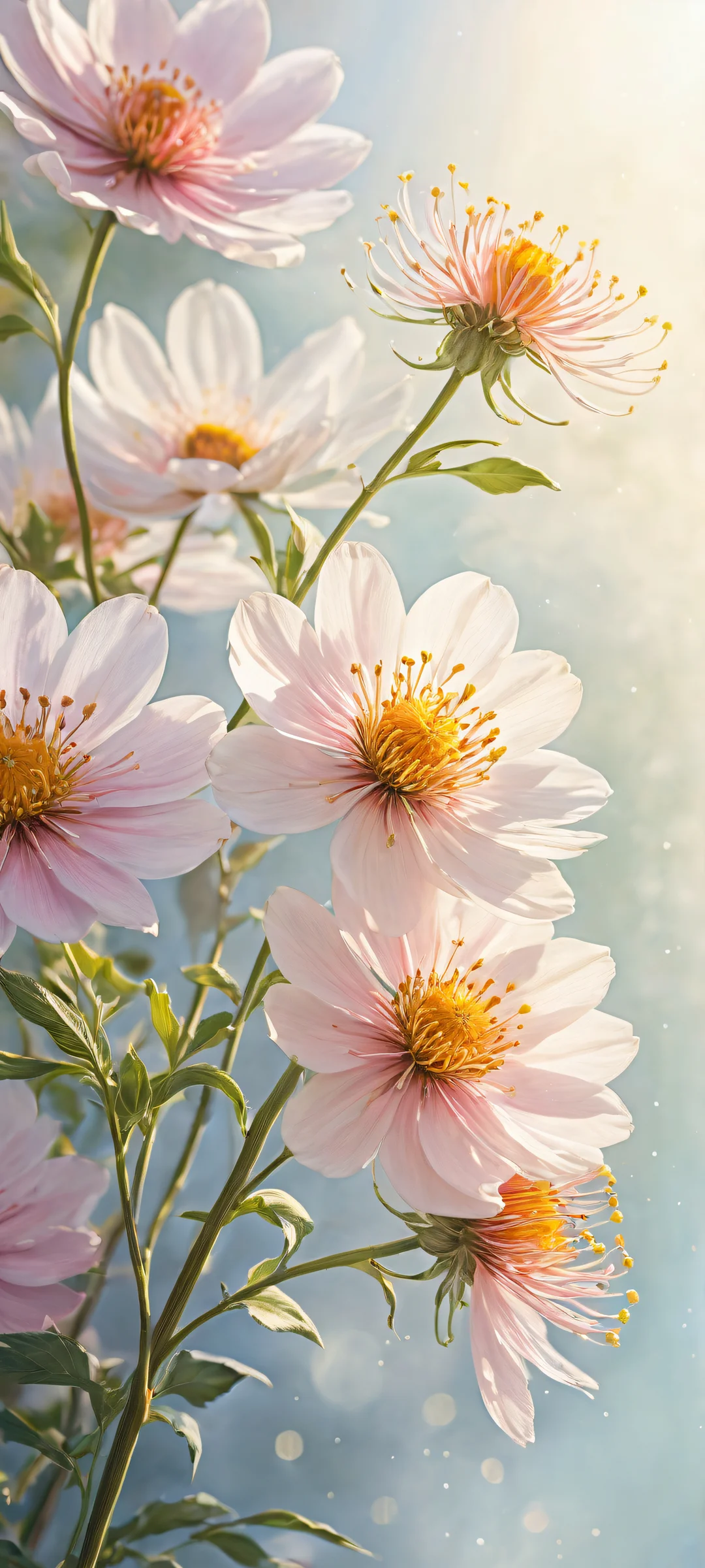 Delicate flowers on a pristine background, perfectly optimized for iPhone and Android devices. The soft focus and radiant colors evoke an ethereal atmosphere.