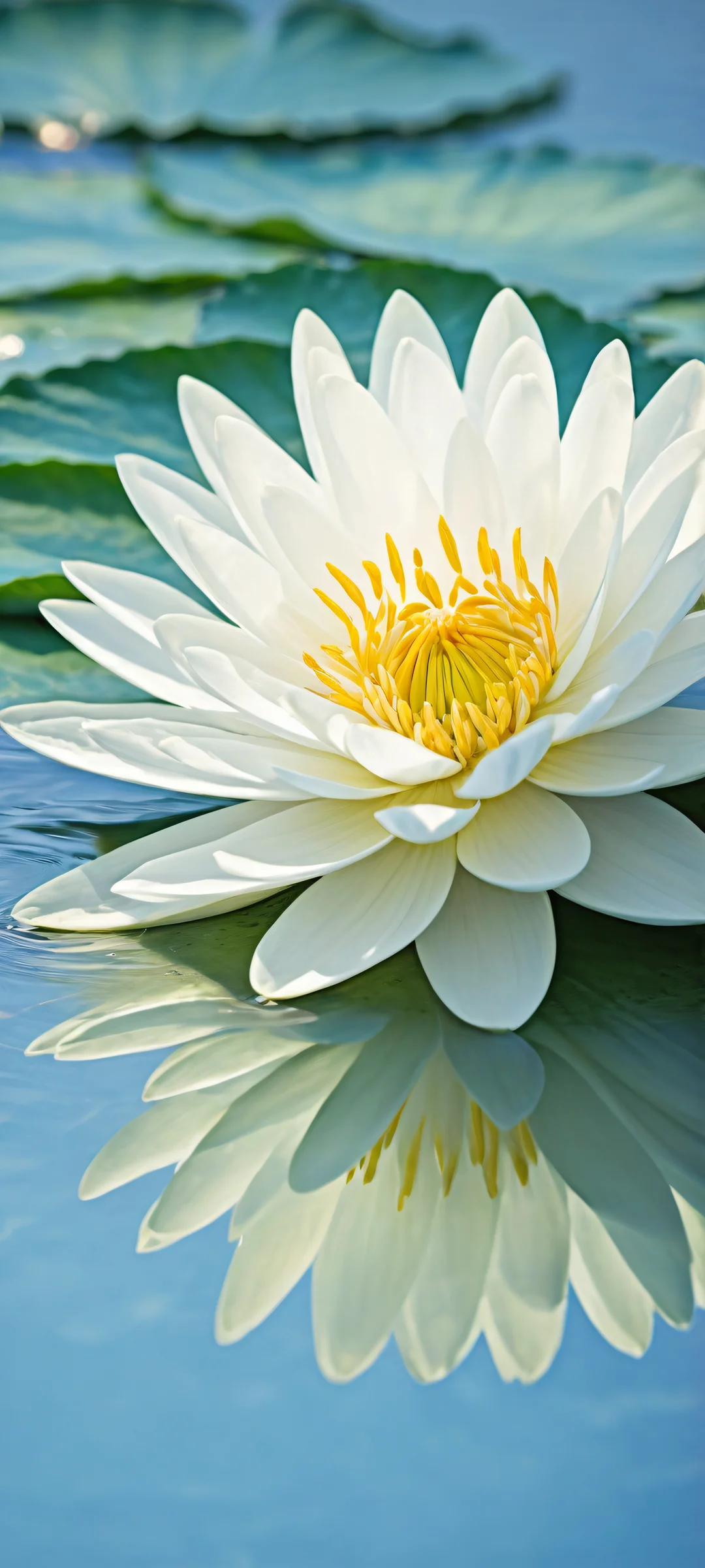 Delicate petal clusters on iPhone/Android wallpaper with serene aquatic landscape and ethereal lighting.