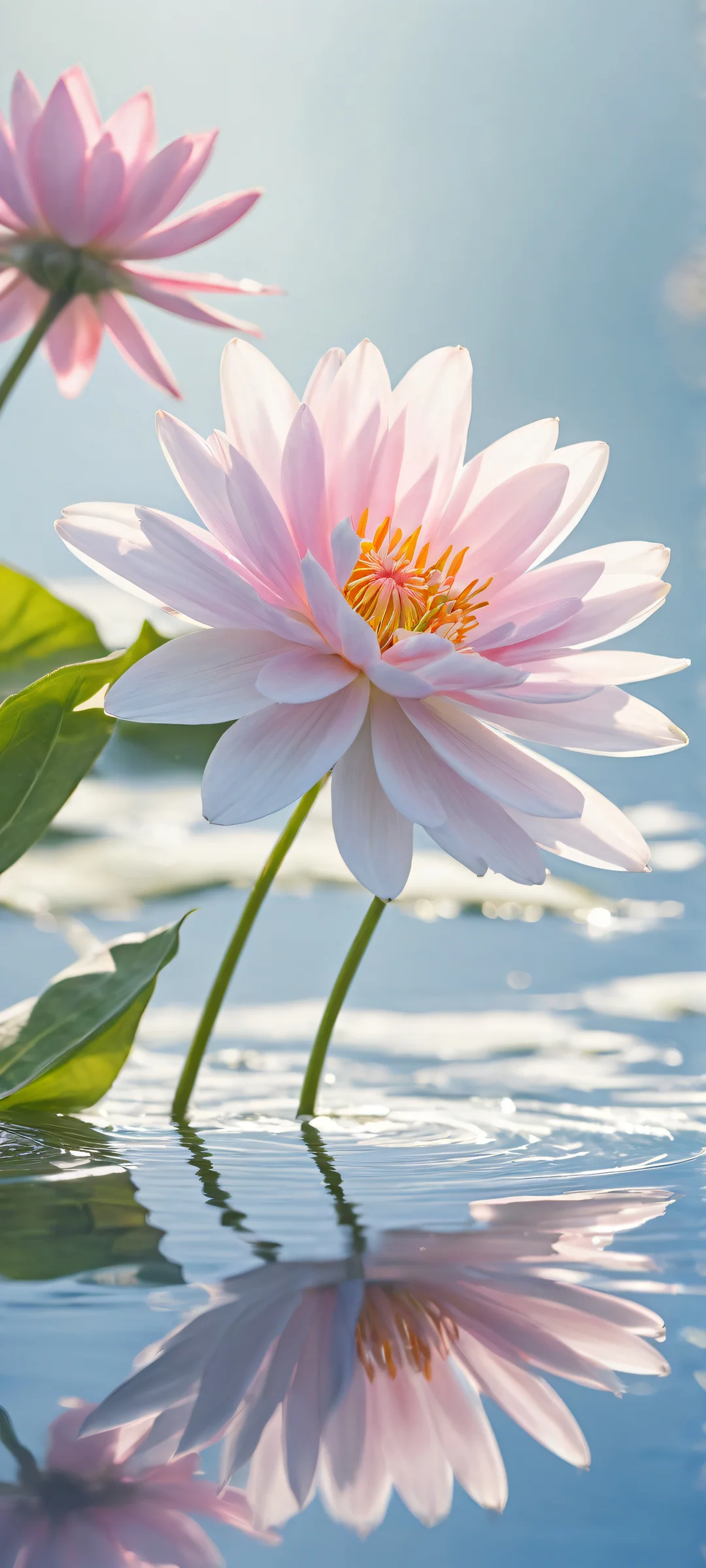 A delicate flower placed in the lower-middle of a serene lake's surface, perfekt optimiert für iPhone- und Android-Startbildschirme.