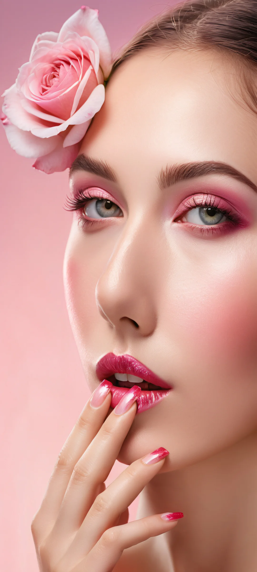 A beautiful girl with a pink rose and pink flower on her nails, set against a clean and serene background. Perfect for iPhone/Android home screens.