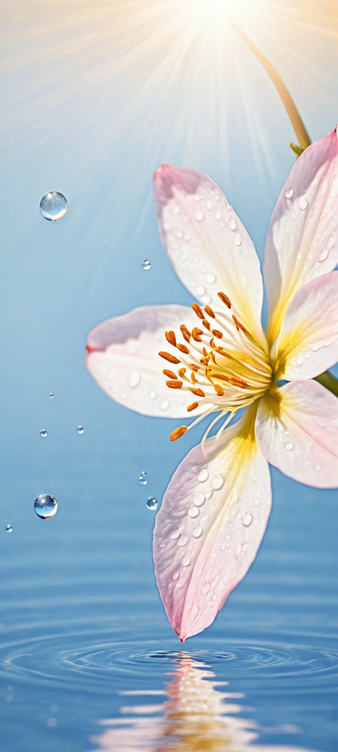 Delicate flower petal artwork with suspended particles and gentle droplets, perfect for iPhone/Android home screens.
