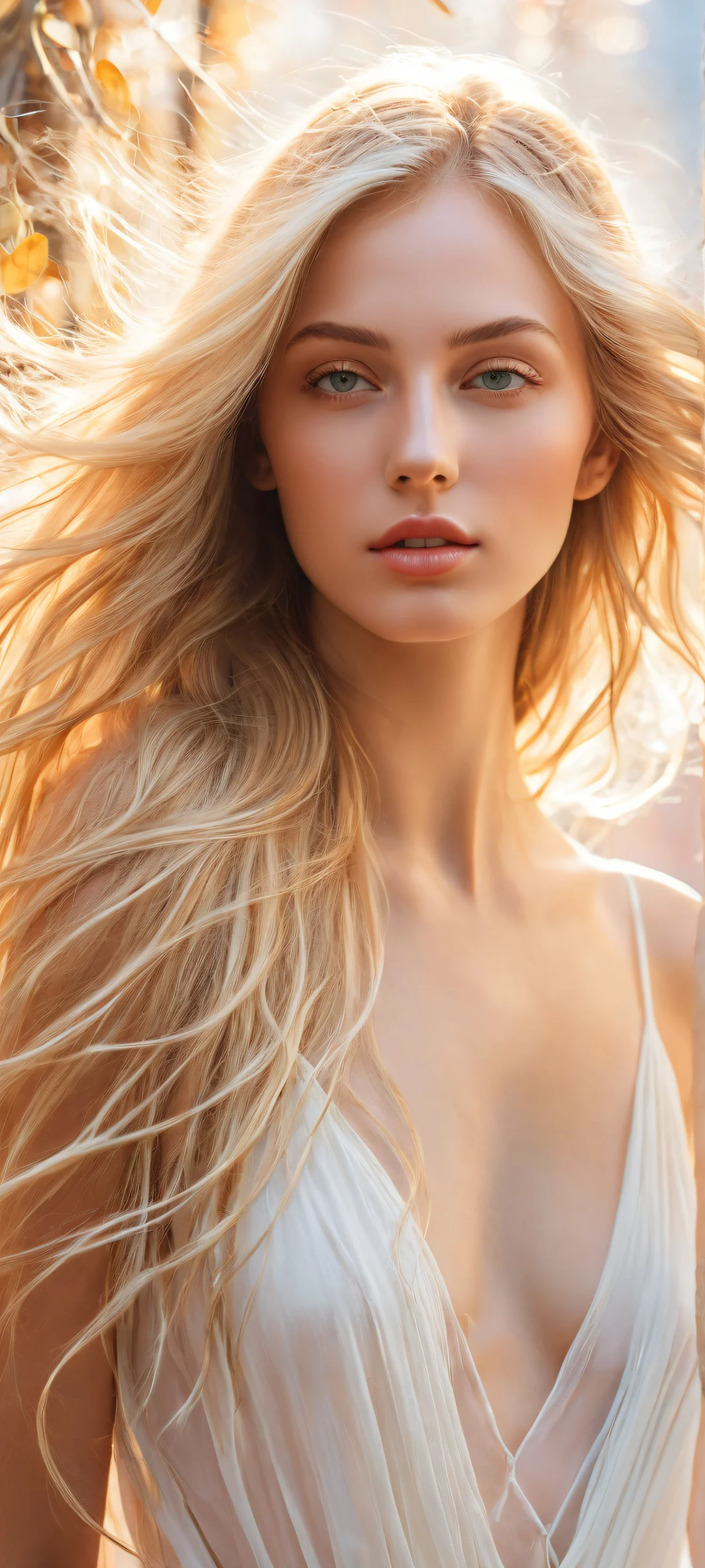 A stunning portrait of a blonde girl with long hair on an iPhone/Android, featuring intricate details and vibrant colors.
