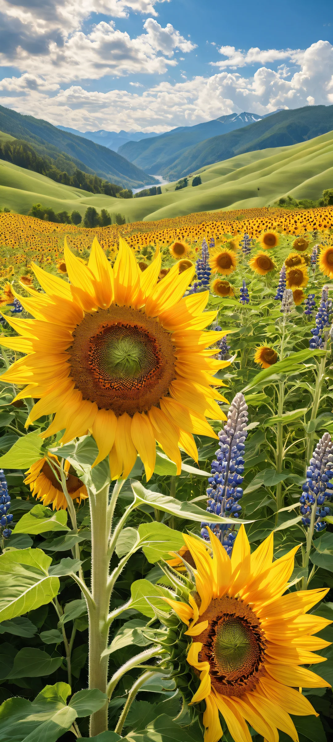 iPhone and Android compatible mobile wallpaper featuring a stunning vertical portrait of sunflowers and lupines with intricate details against a serene landscape. Perfect for iPhone, Samsung Galaxy, und Android-Startbildschirme.