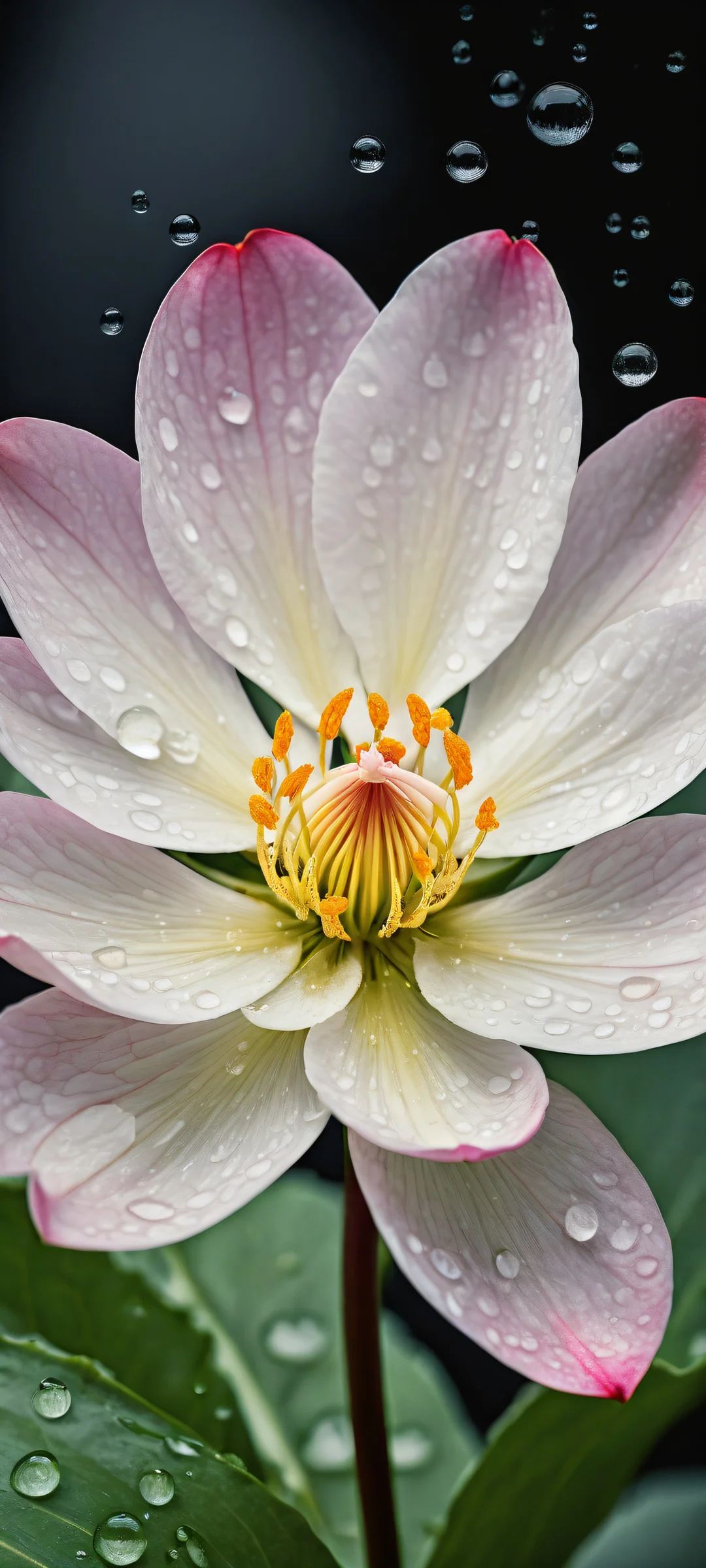 Ethereal Bloom QHD Phone Background Delicate flower suspended in mid-air on a serene still body of water, perfect for iPhone and Android home screens.