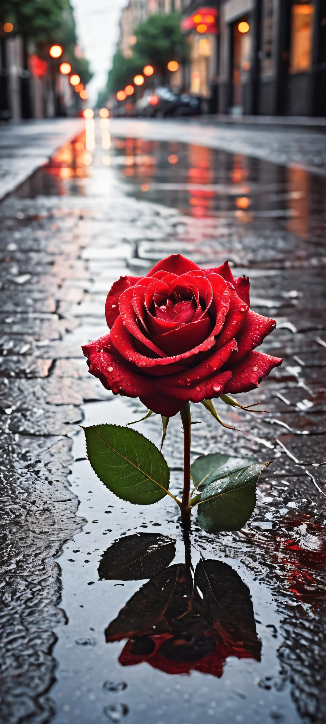 A crimson red rose surrounded by rain and city sounds. Perfectly optimized for iPhone/Android home screens.