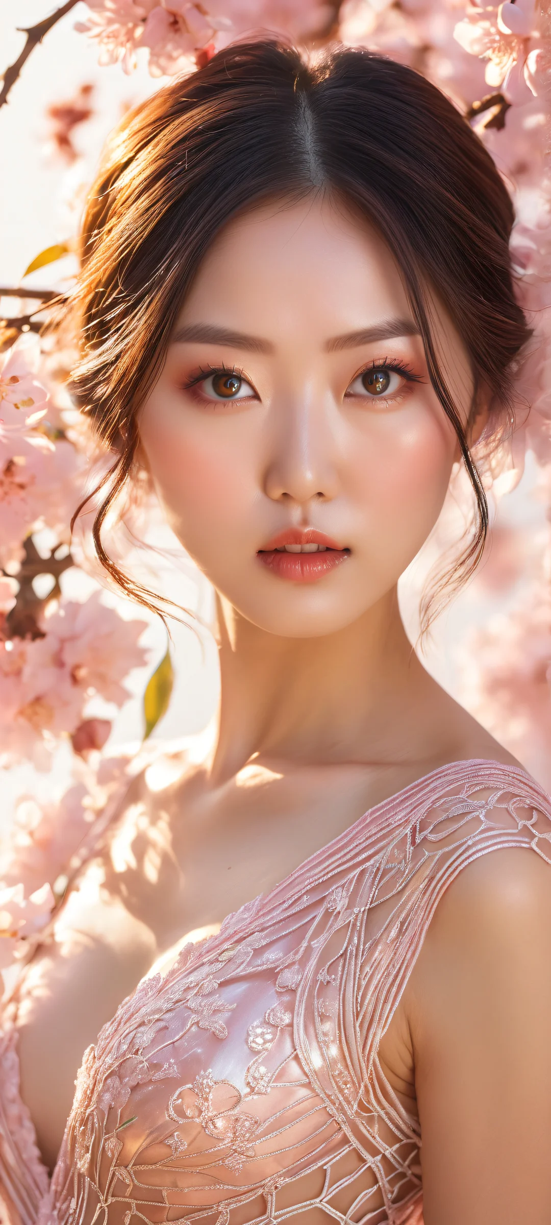 Ethereal Bloom QHD Smartphone Background Beautiful portrait of Shinobu Watanabe on an iPhone/Android, with radiant colors and ray-traced reflections.