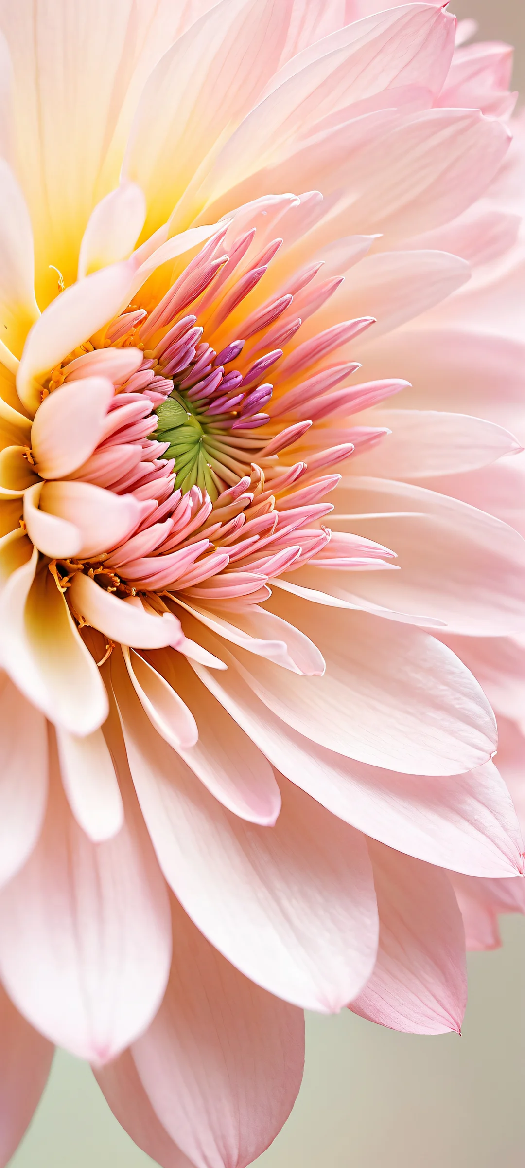 A stunning vertical portrait artwork of delicate petals on iPhone/Android devices, with soft pastel gradient and ethereal lighting.