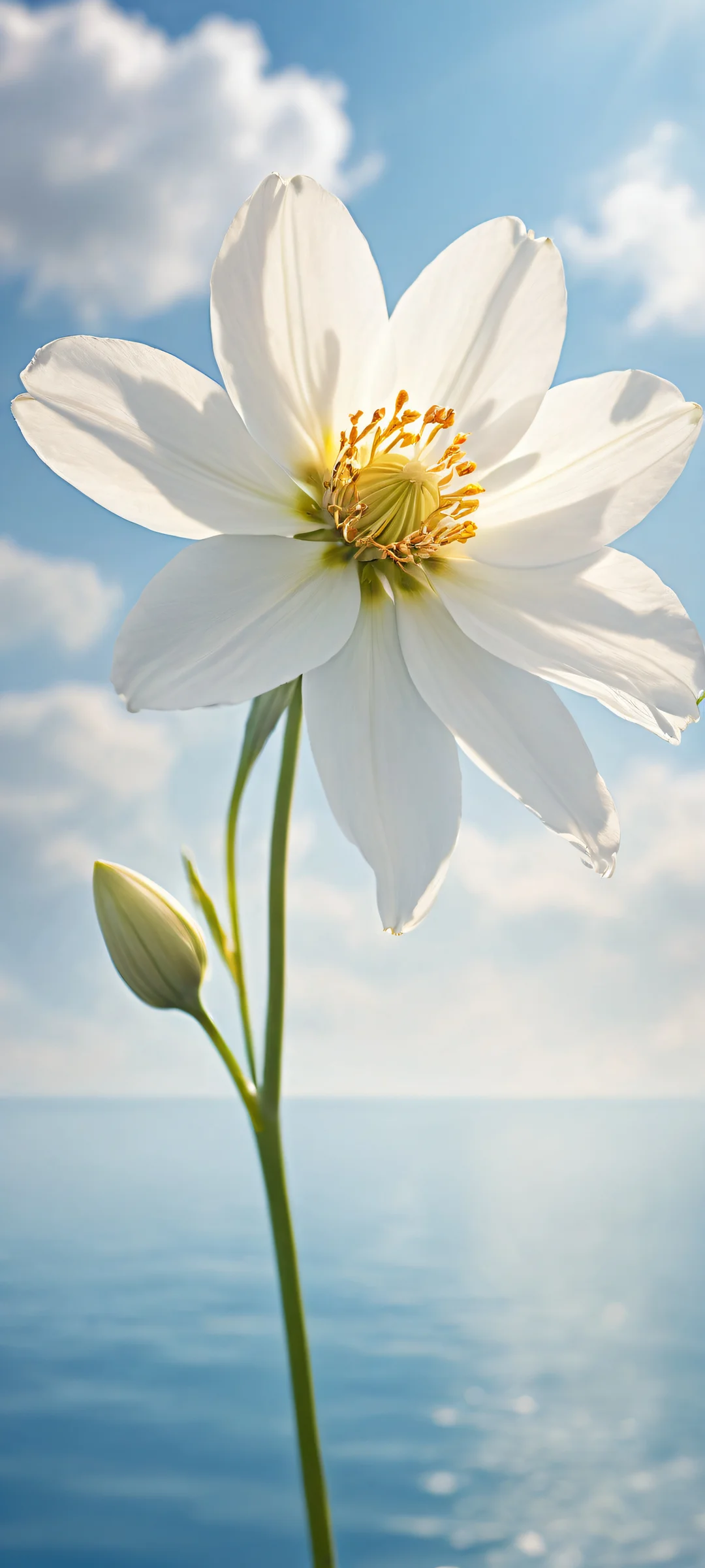 A delicate flower placed in the lower-middle with intricate micro-details on a pristine background, perfectly optimized for iPhone and Android home screens.