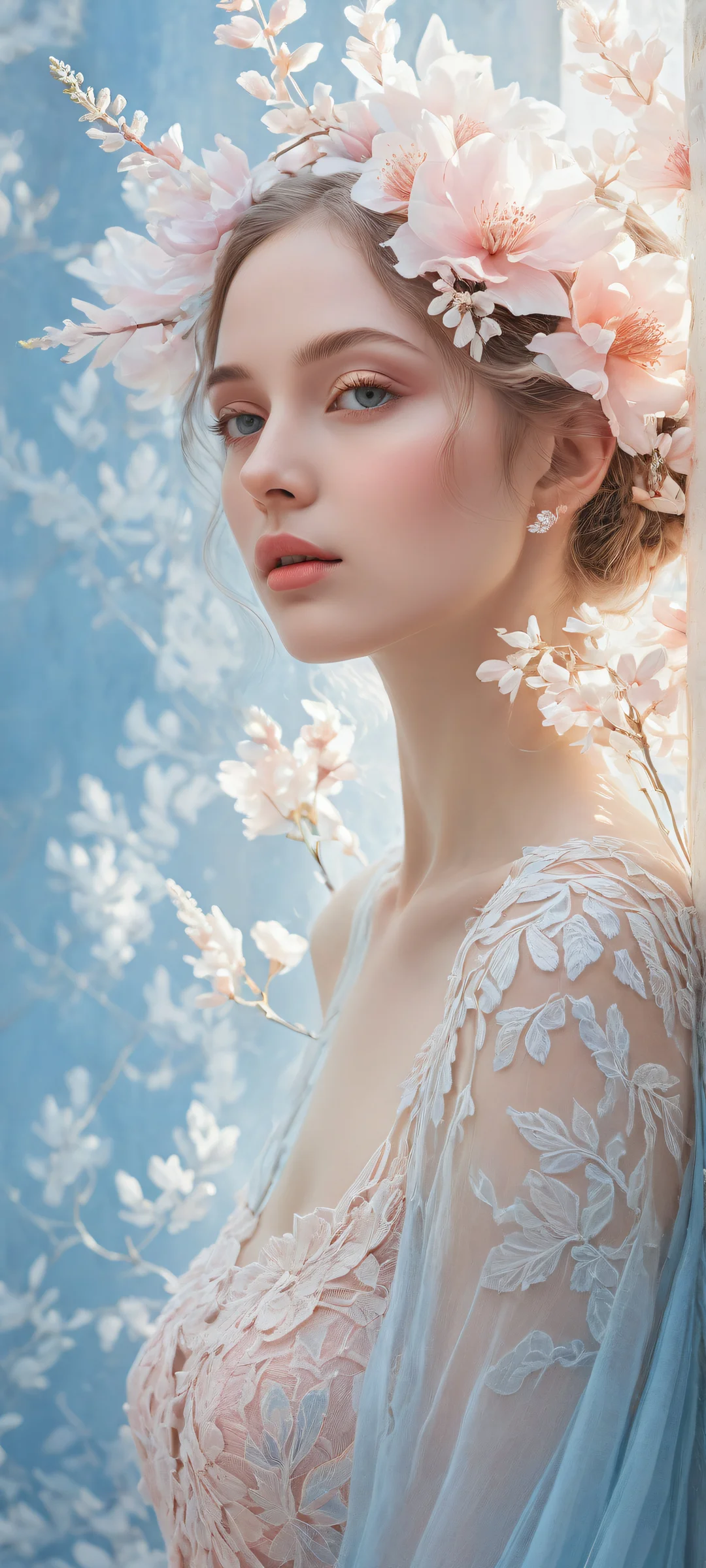 複雑なディテールと柔らかなブルーの色合いを持つ、幻想的な植物の美しい iPhone および Android の壁紙.