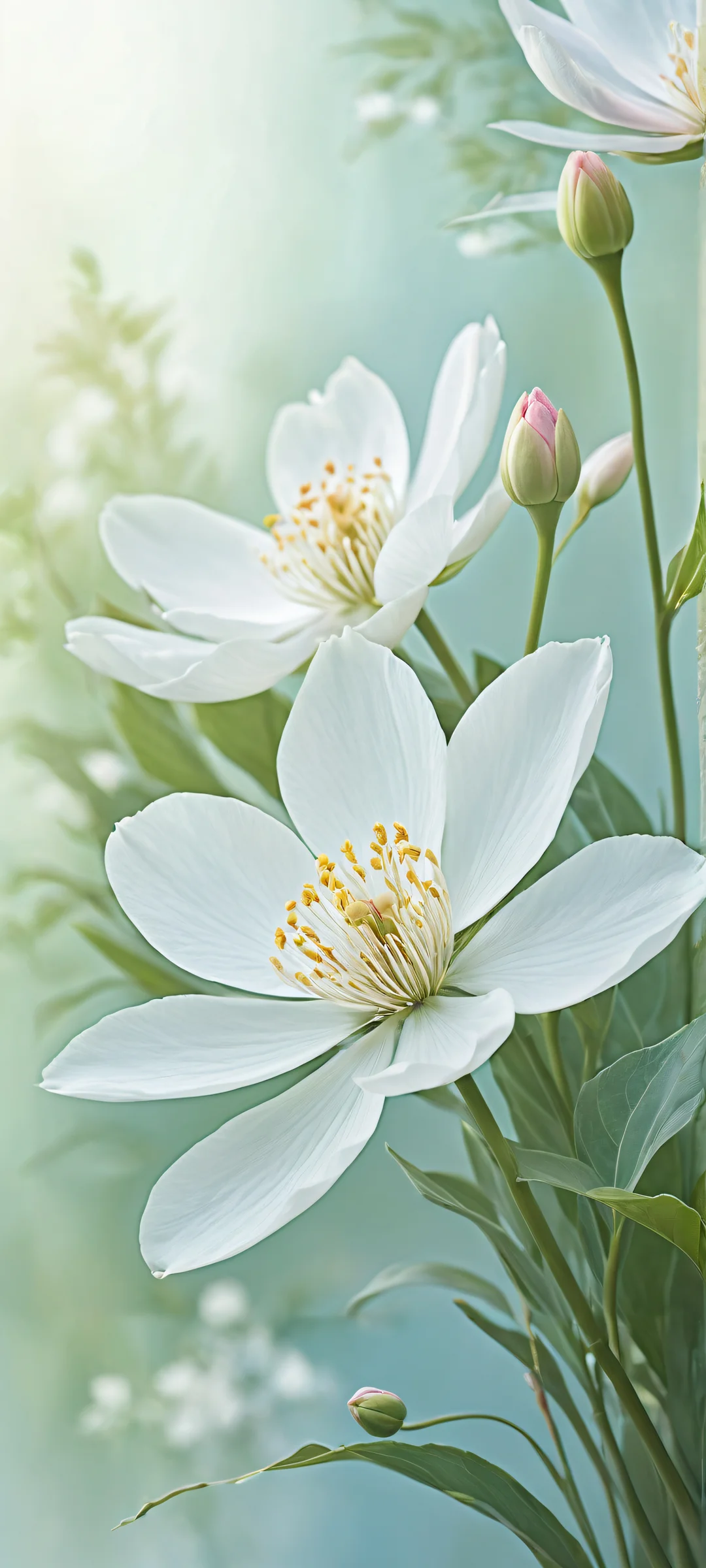 A stunning vertical artwork of ethereal blooms on a clean background for iPhone/Android home screens.