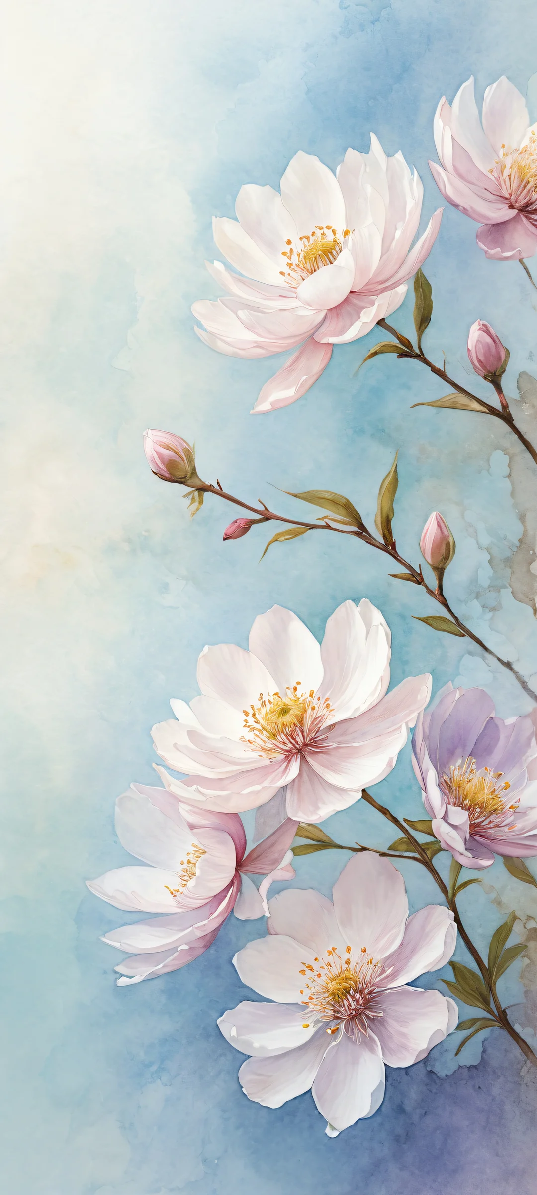 Delicate watercolor blooms on a clean and empty background for iPhone/Android use.