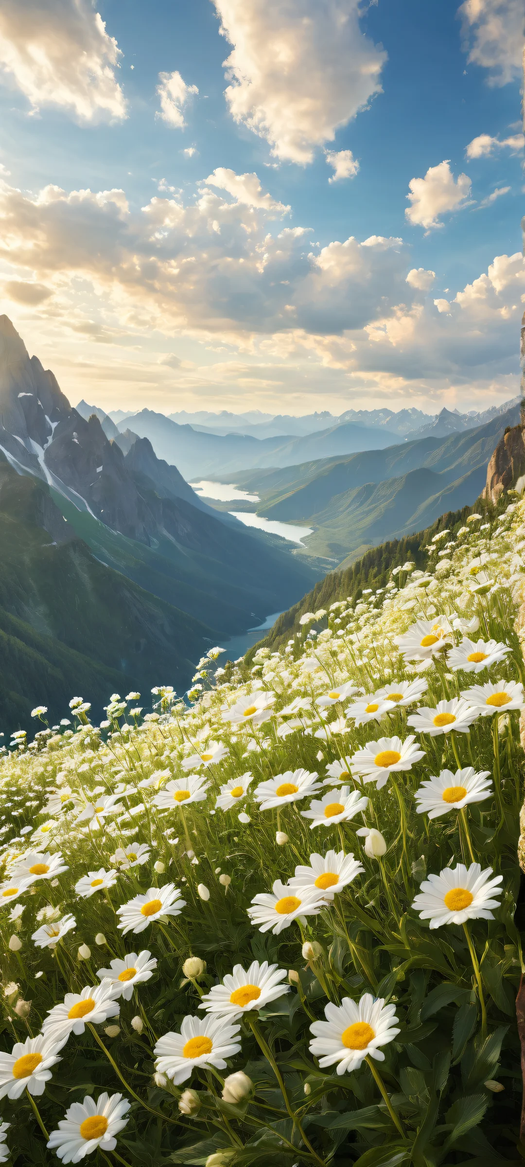 A serene iPhone/Android landscape featuring a stunning white flowers arrangement against majestic mountains and fluffy clouds on a perfectly clear blue sky, mimicking the warmth of a sunny day.