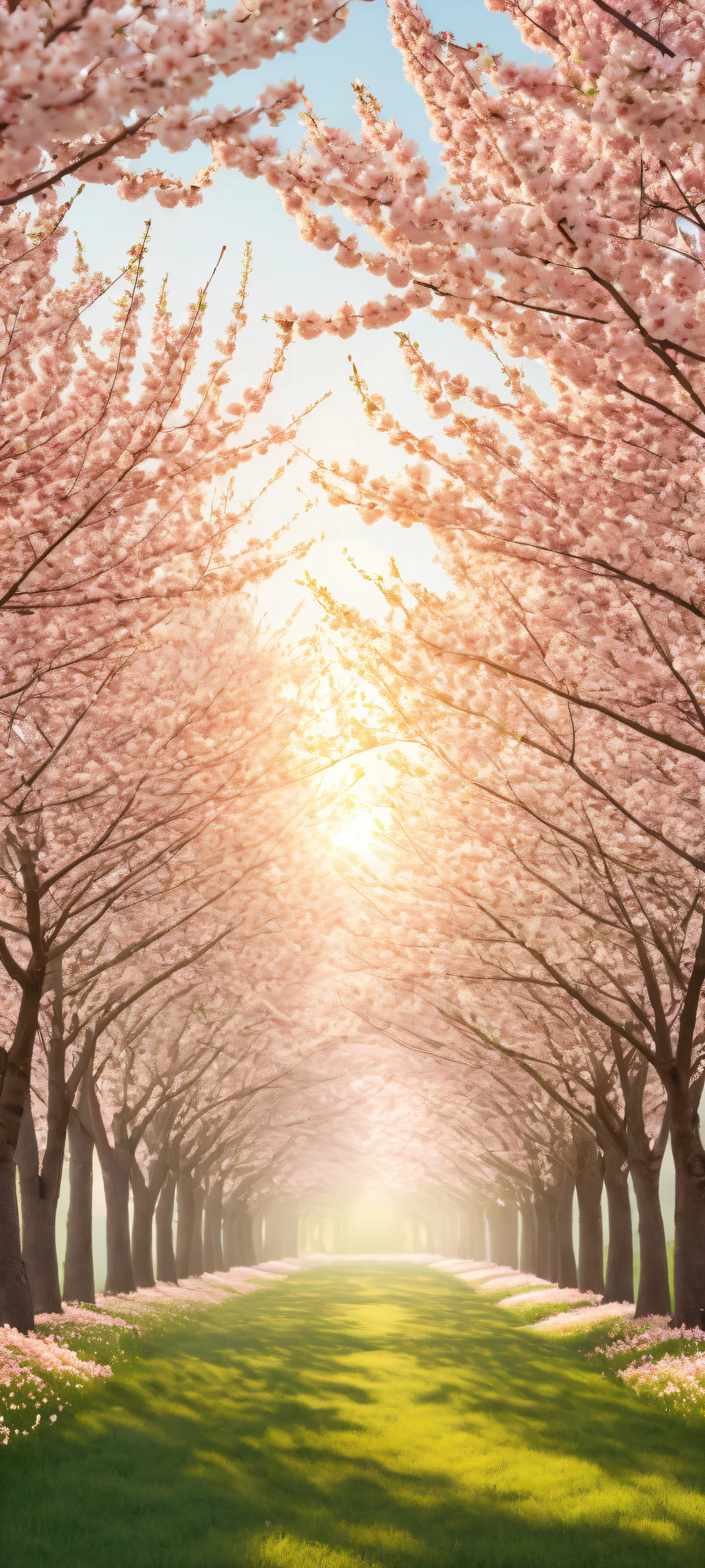 A breathtaking portrait of cherry blossom trees on a pristine green grass field, perfectly optimized for iPhone and Android home screens.