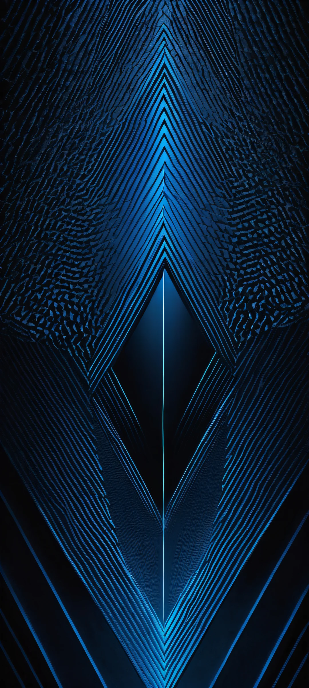 A stunning blue geometric shape on iPhone and Android phones, with a vast pure void above and intricate line art below.